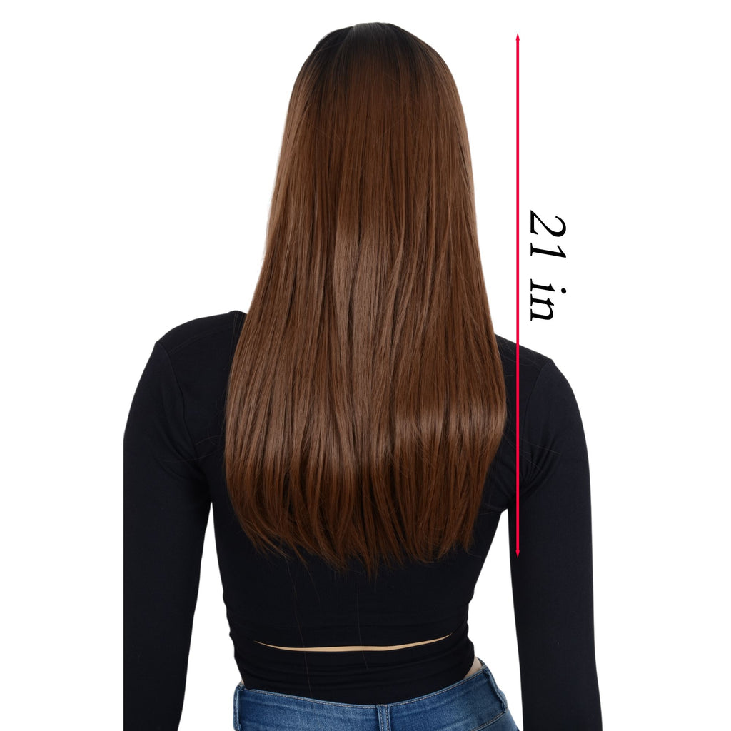 Long Straight Wig with Bangs Heat-Resistant Synthetic Hair Adjustable Cap
