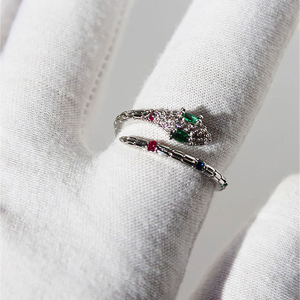 Women's Snake Statement Ring with Multi-Color Crystals - Adjustable Brass Animal Ring