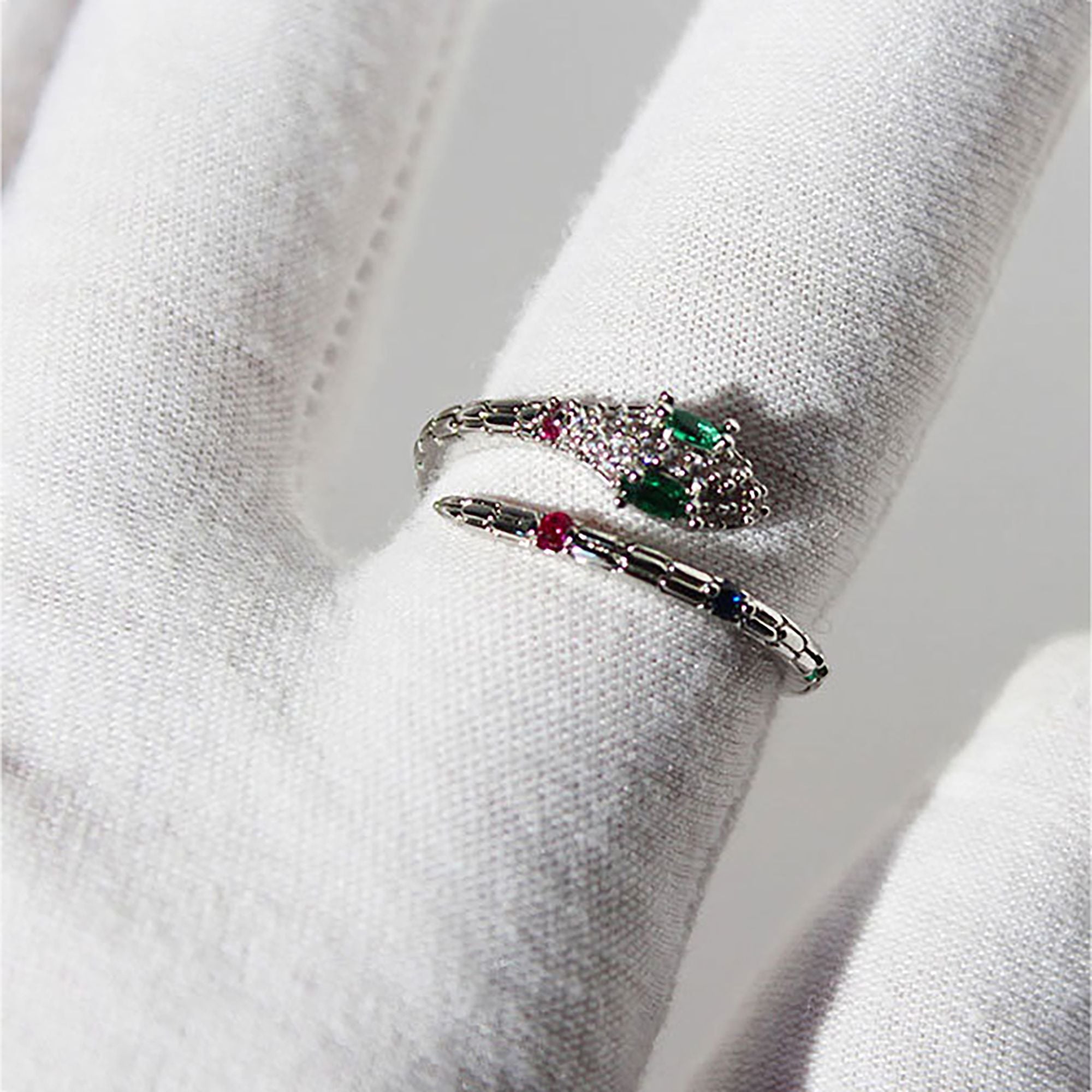 Women's Snake Statement Ring with Multi-Color Crystals - Adjustable Brass Animal Ring