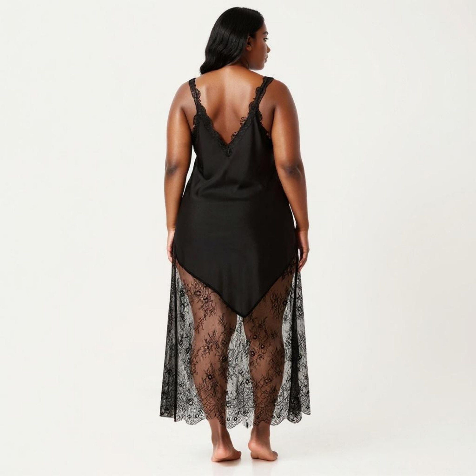 Anna-Kaci Lounge Women's Plus Size Lace Trim Slip Dress Asymmetrical Hem Sheer Mesh Nightgown Sleepwear