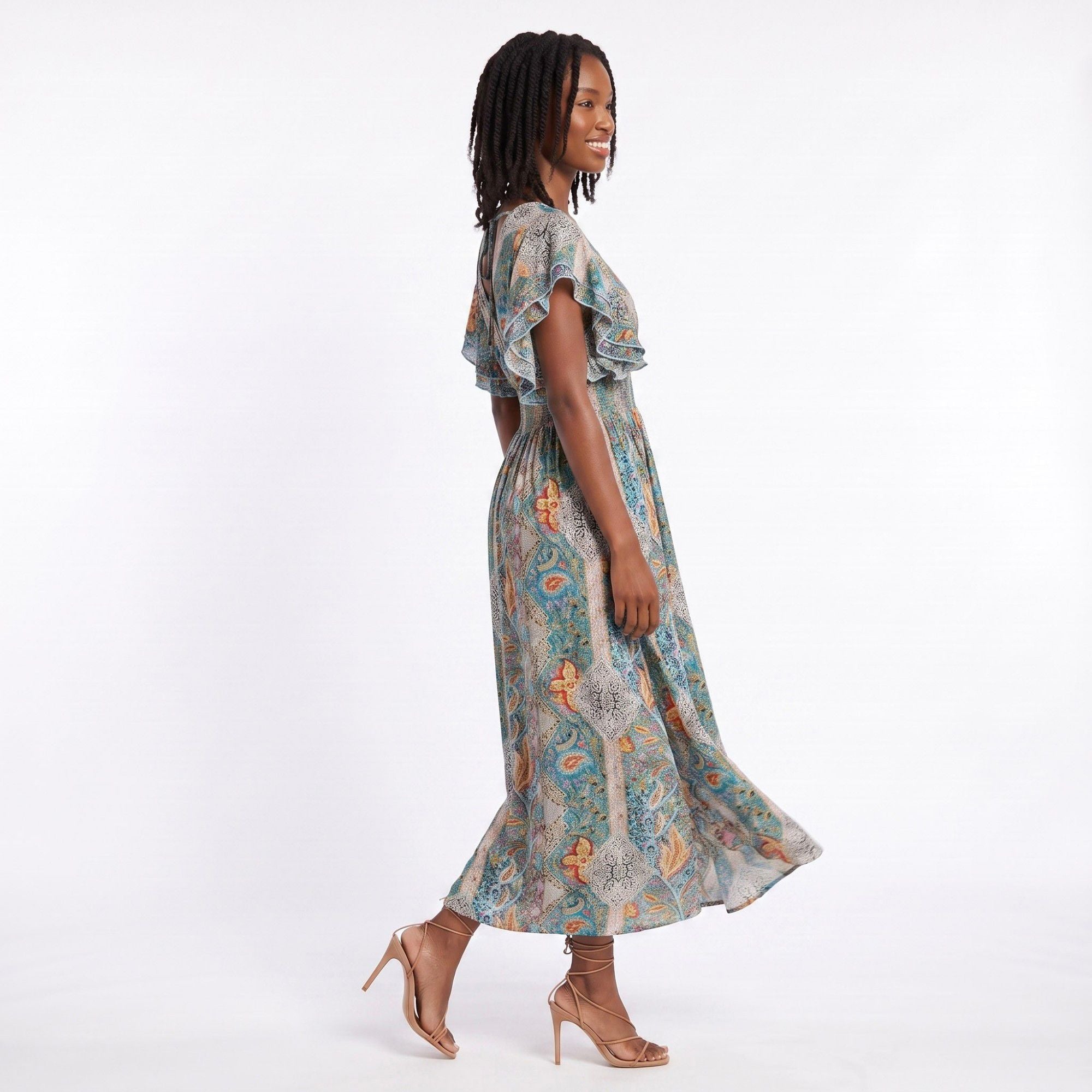 Paisley Print Maxi Dress with V Neck Flutter Sleeves Smocked Waist and Side Slit