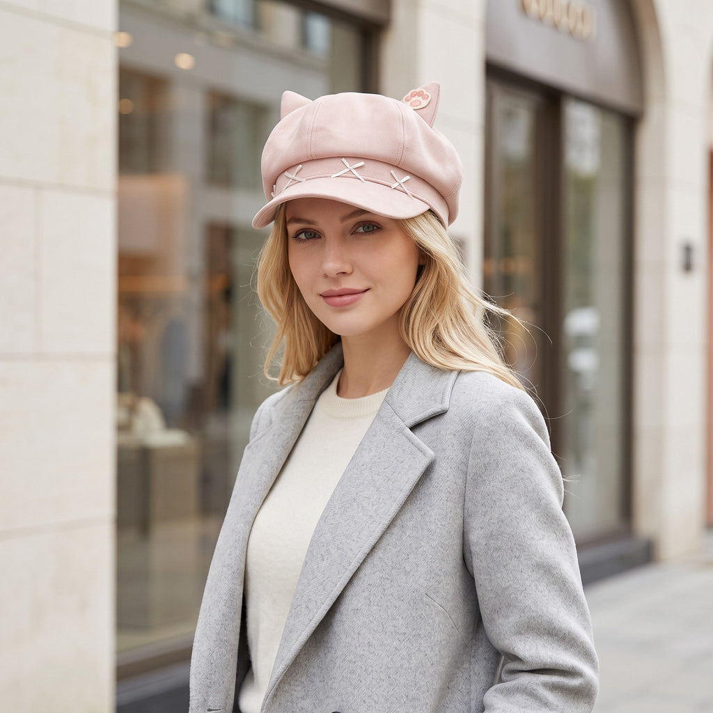 Cat Ear Newsboy Cap Cute Baker Boy Hat Bow Detail Short Brim Casual Style