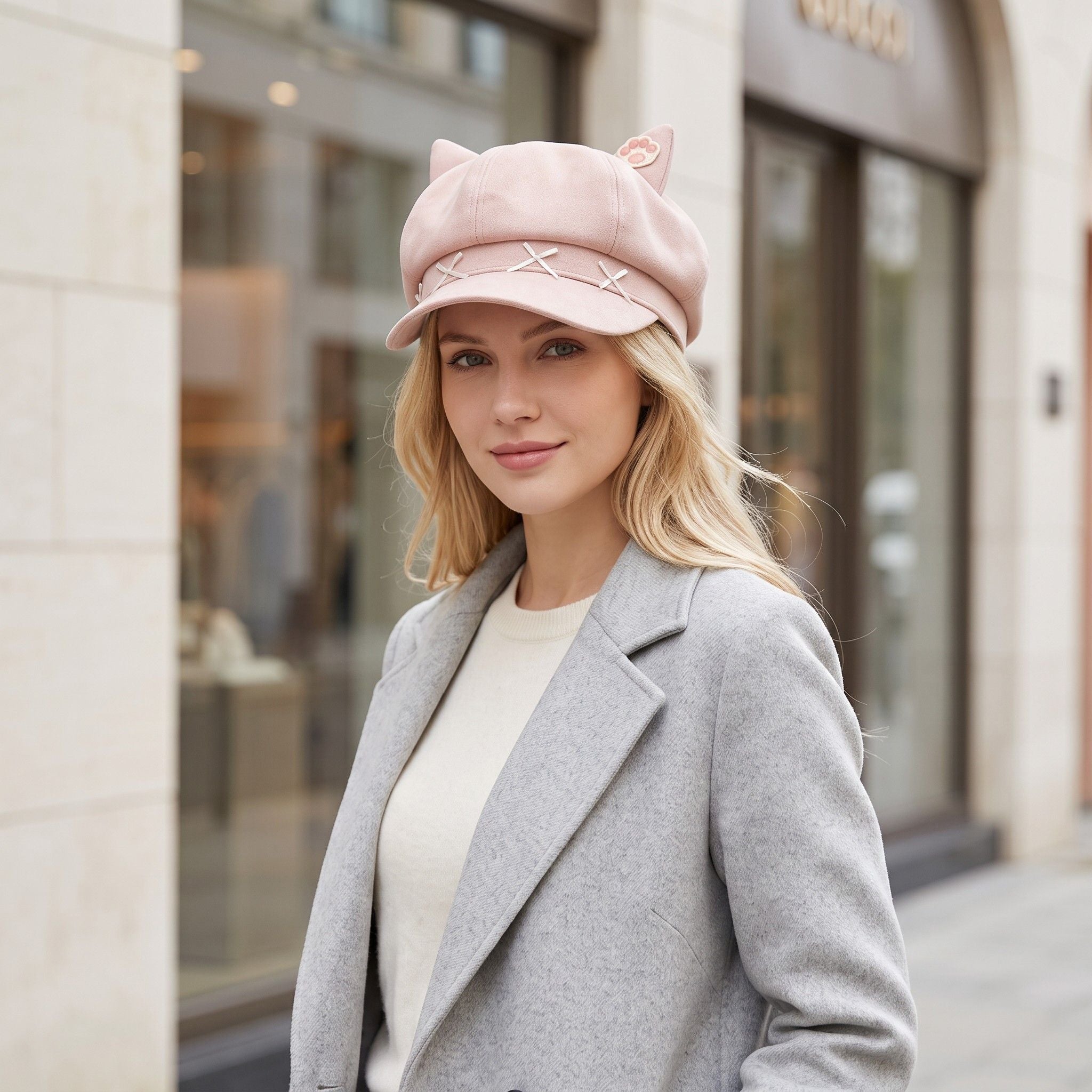 Cat Ear Newsboy Cap Cute Baker Boy Hat Bow Detail Short Brim Casual Style