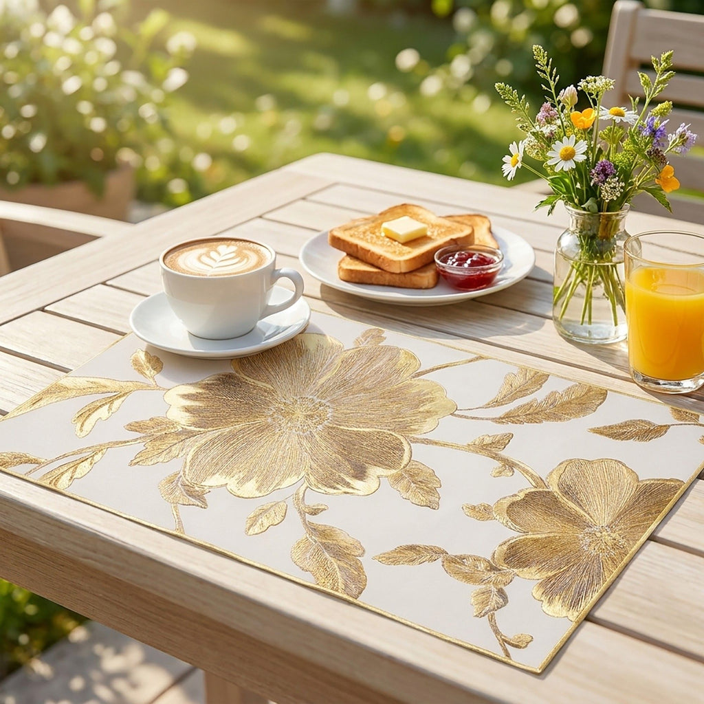 4 Piece Floral Placemat Set Metallic PVC Heat Resistant Table Mats for Dining Table