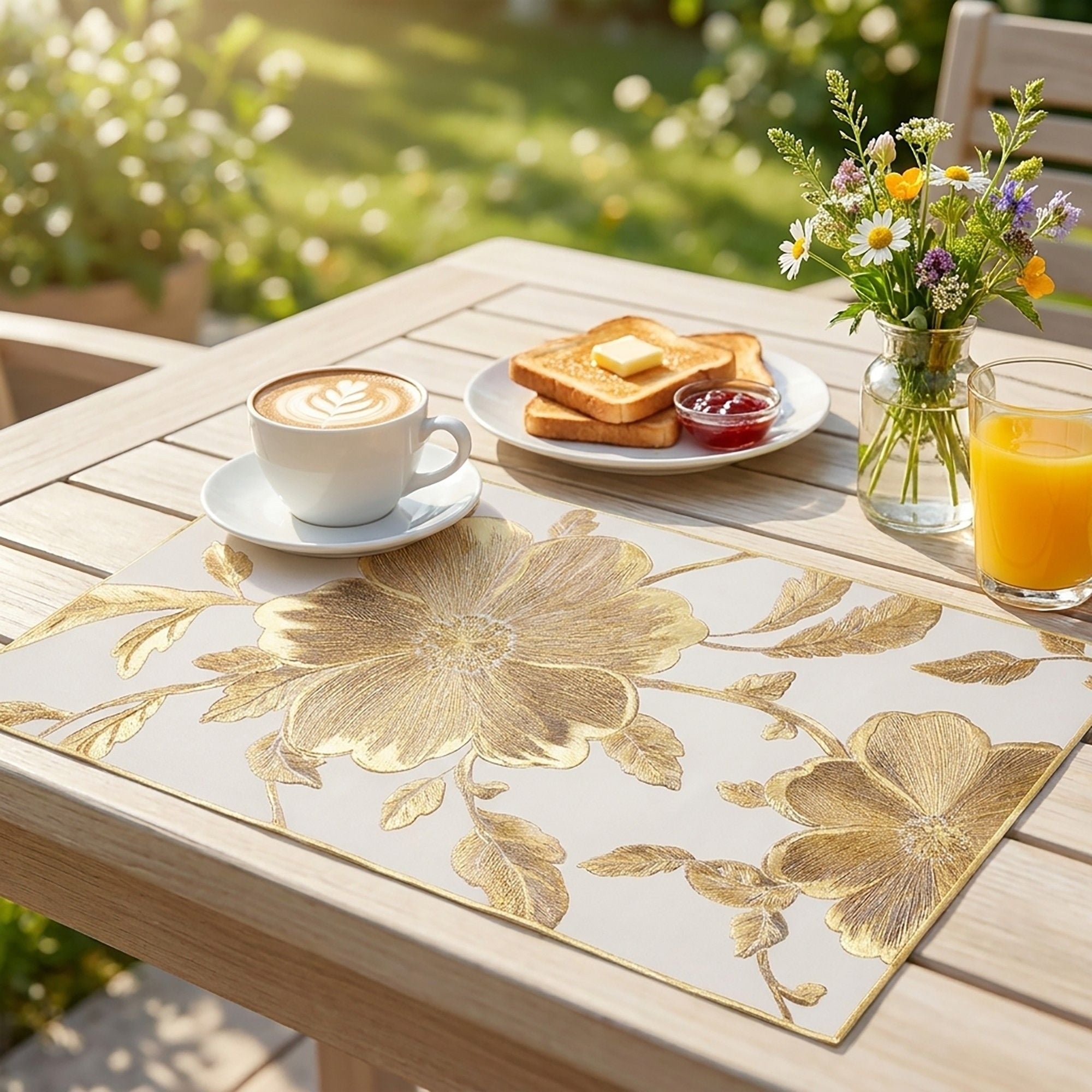 4 Piece Floral Placemat Set Metallic PVC Heat Resistant Table Mats for Dining Table