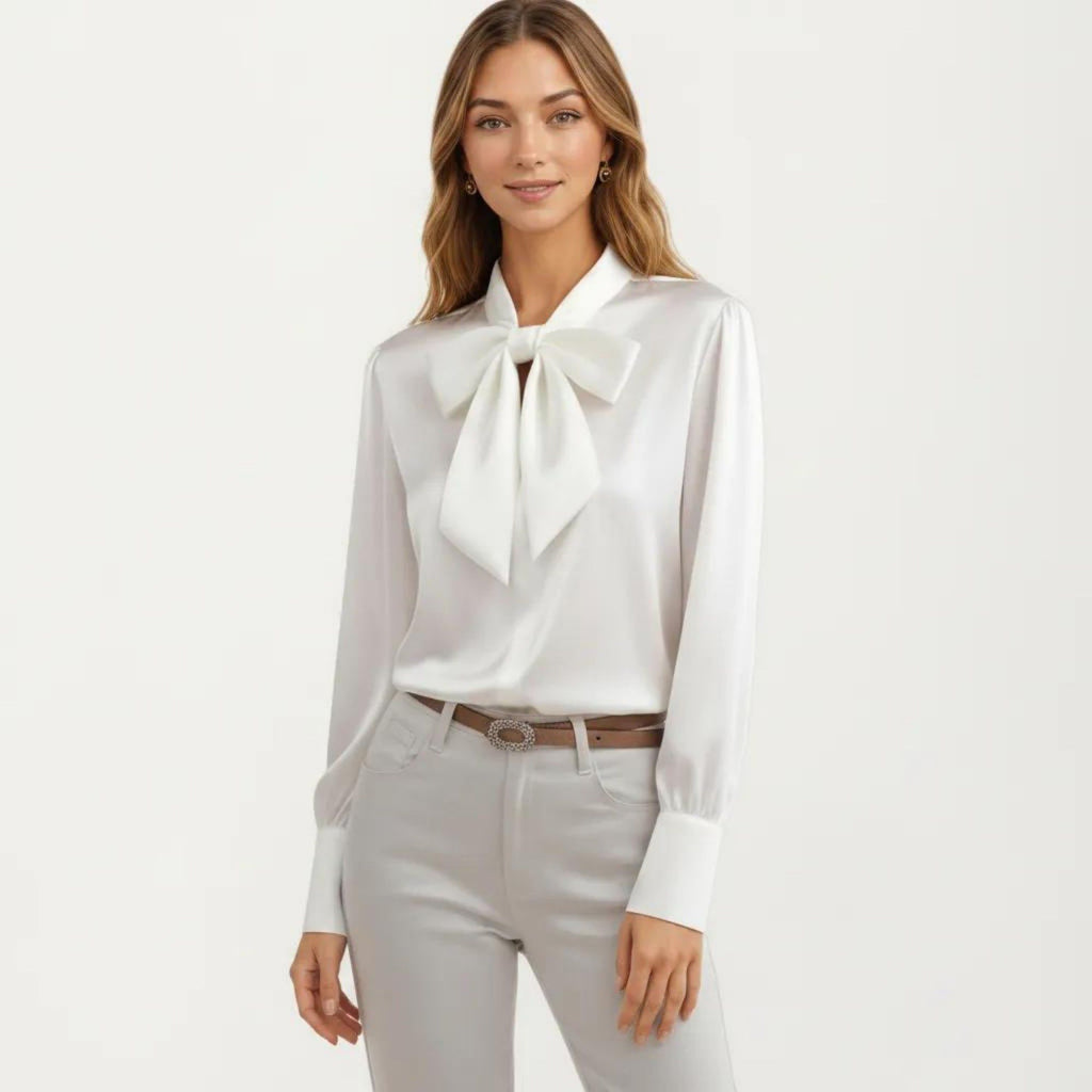 Anna-Kaci Women's Satin Bow Neck Blouse with Long Puff Sleeves and Wide Cuffs