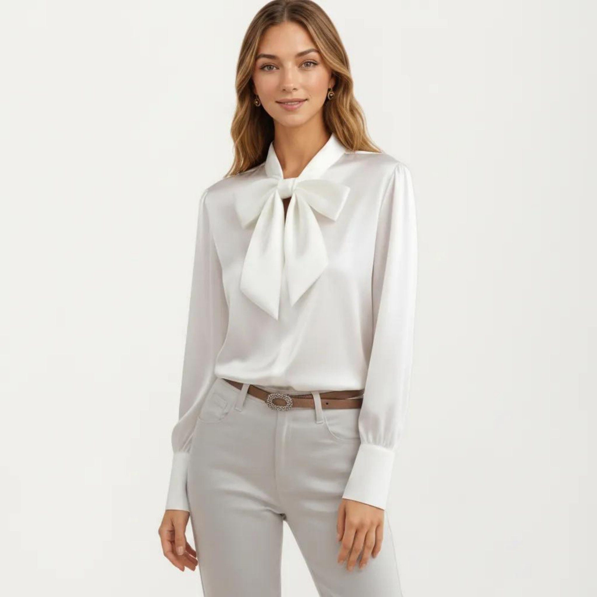 Anna-Kaci Women's Satin Bow Neck Blouse with Long Puff Sleeves and Wide Cuffs