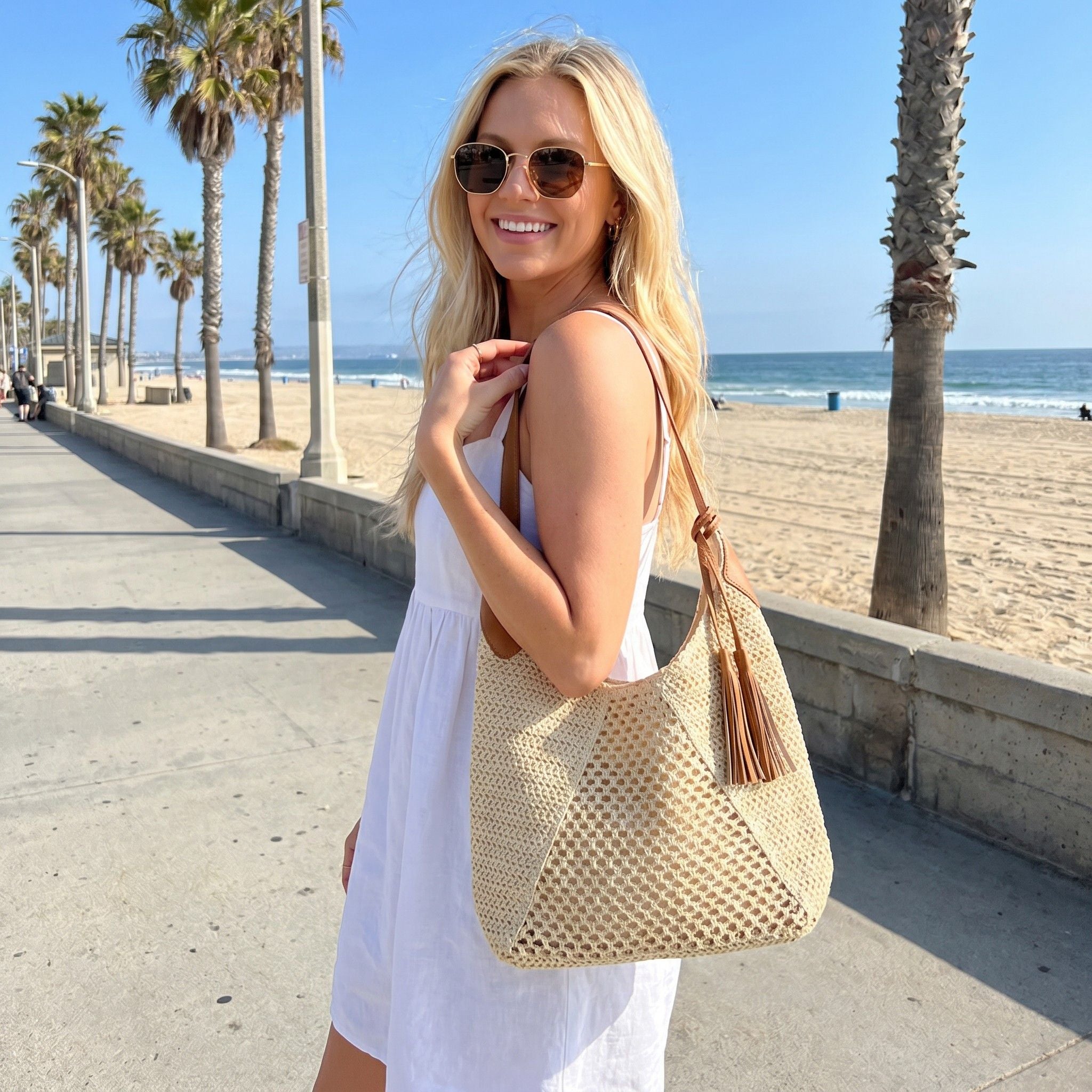 Woven Paper Fiber Shoulder Tote Bag Large Capacity Crochet Handbag with Tassel Accent