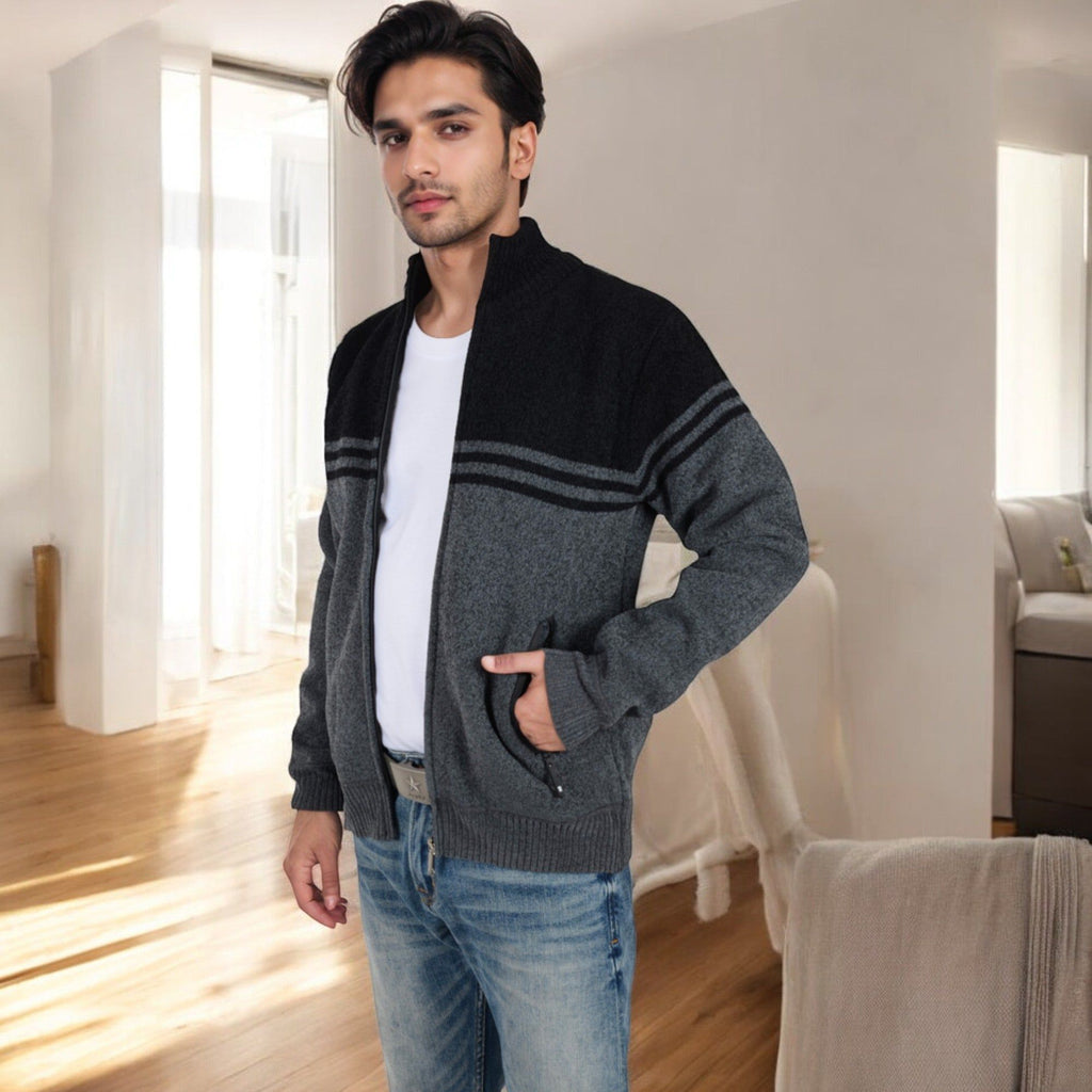 Anna-Kaci Men's Zip-Up Striped Fleece Jacket with High Collar and Front Pockets