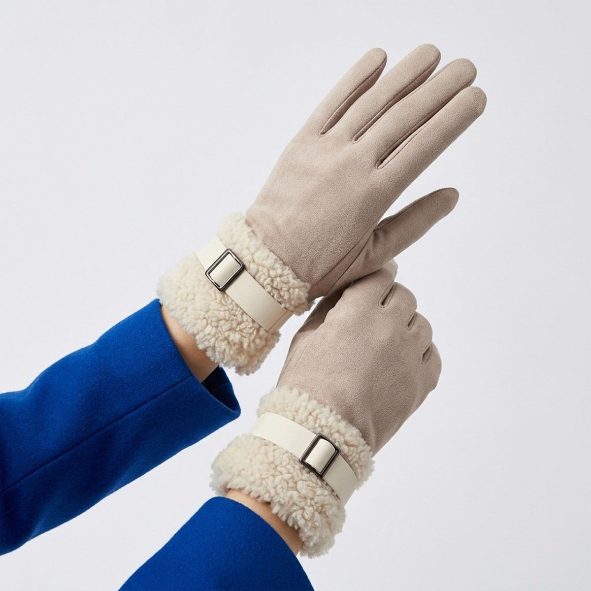Faux Suede Gloves with Plush Faux Fur Cuffs and Buckle Detail