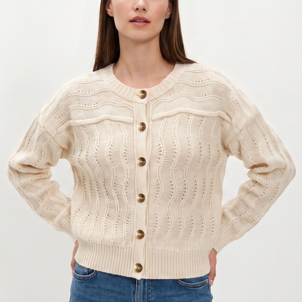 Wavy Pointelle Button-Front Long Sleeve Knit Cardigan