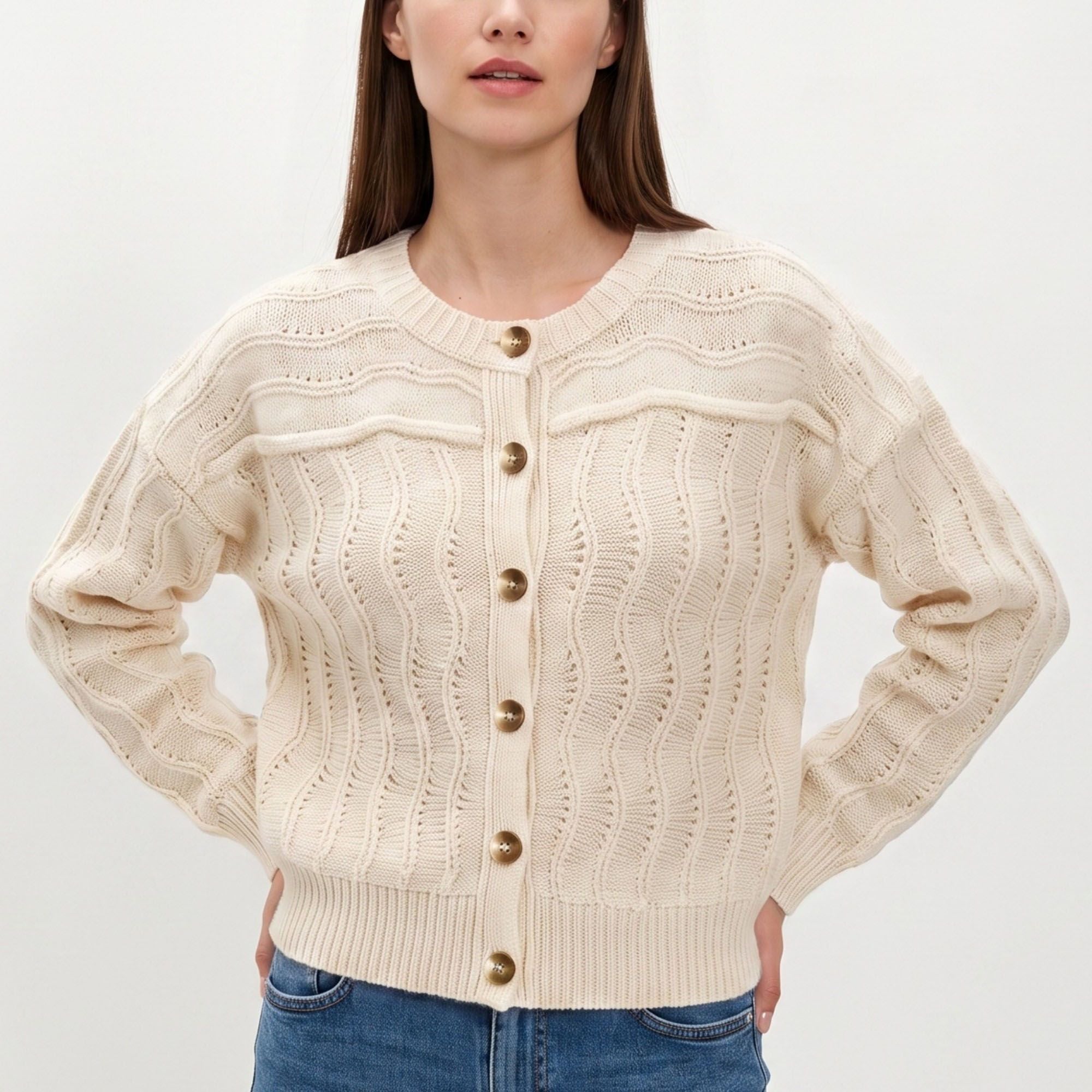 Wavy Pointelle Button-Front Long Sleeve Knit Cardigan