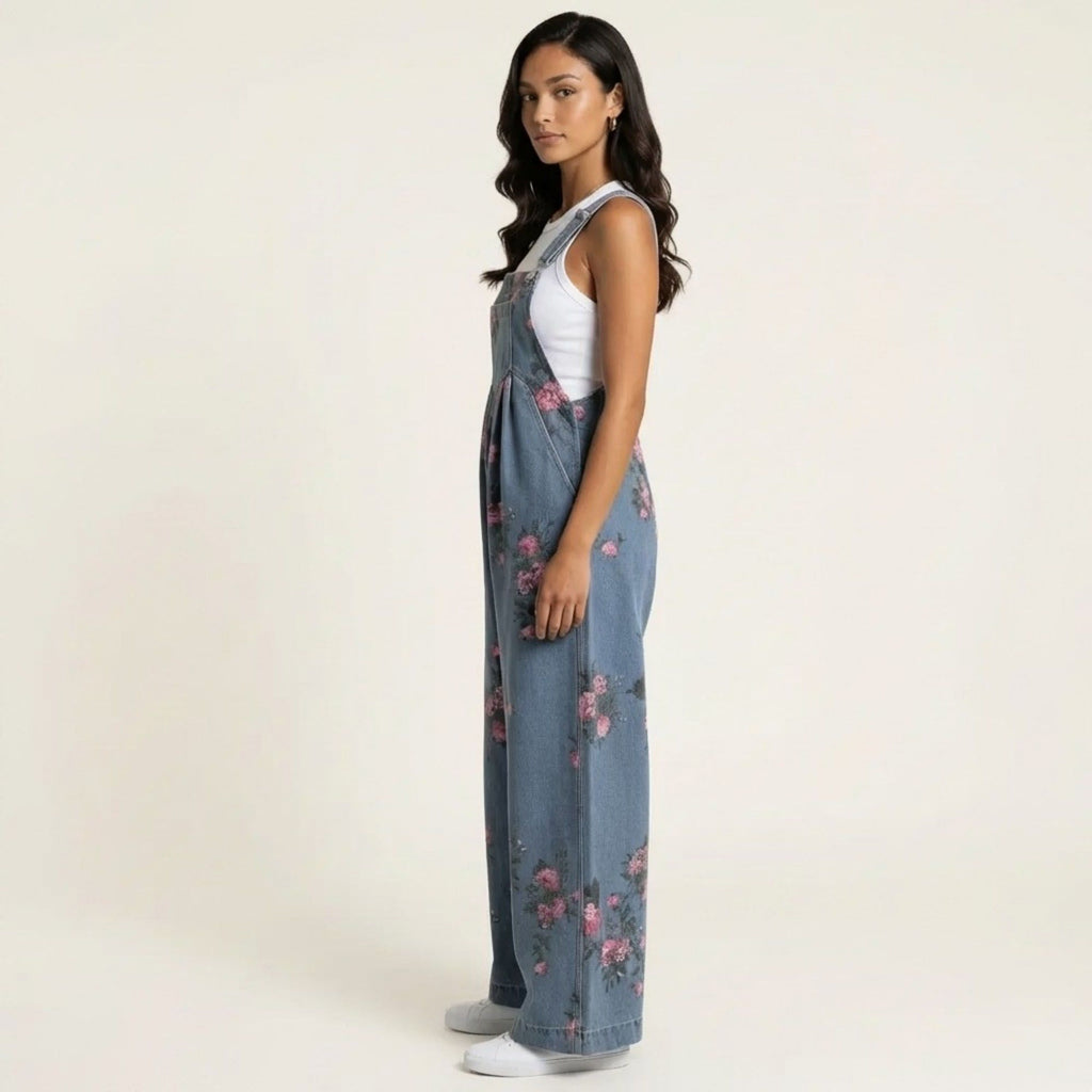 Anna-Kaci Women's Floral Denim Overall Jumpsuit Wide Leg Adjustable Strap Loose Fit Casual Overalls
