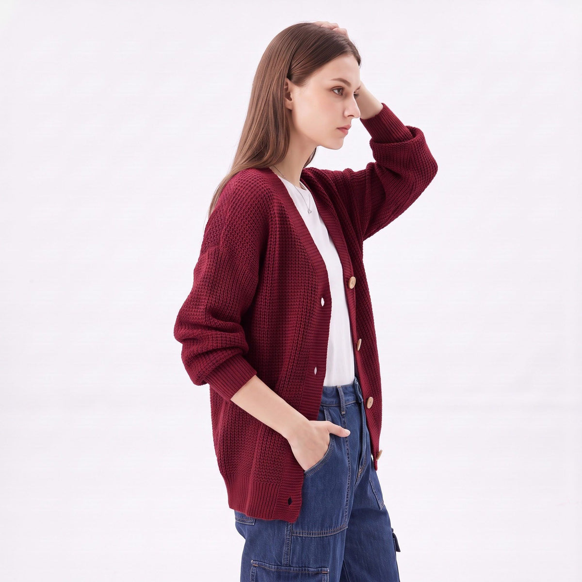 Textured V-Neck Button-Front Cardigan Sweater