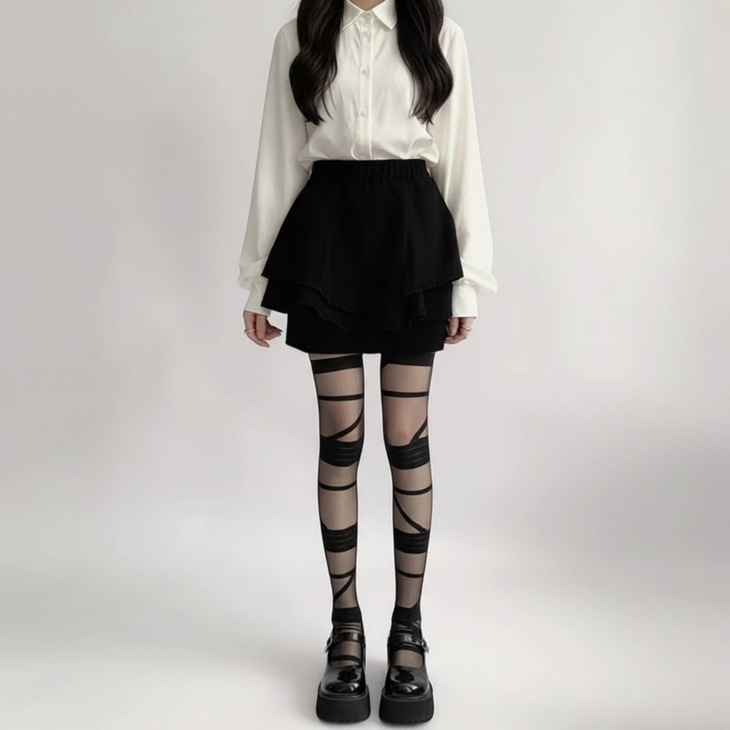 Anna-Kaci 2pcs Women's Sheer Tights with Wrapped Ribbon Illusion and Gothic Layered Design