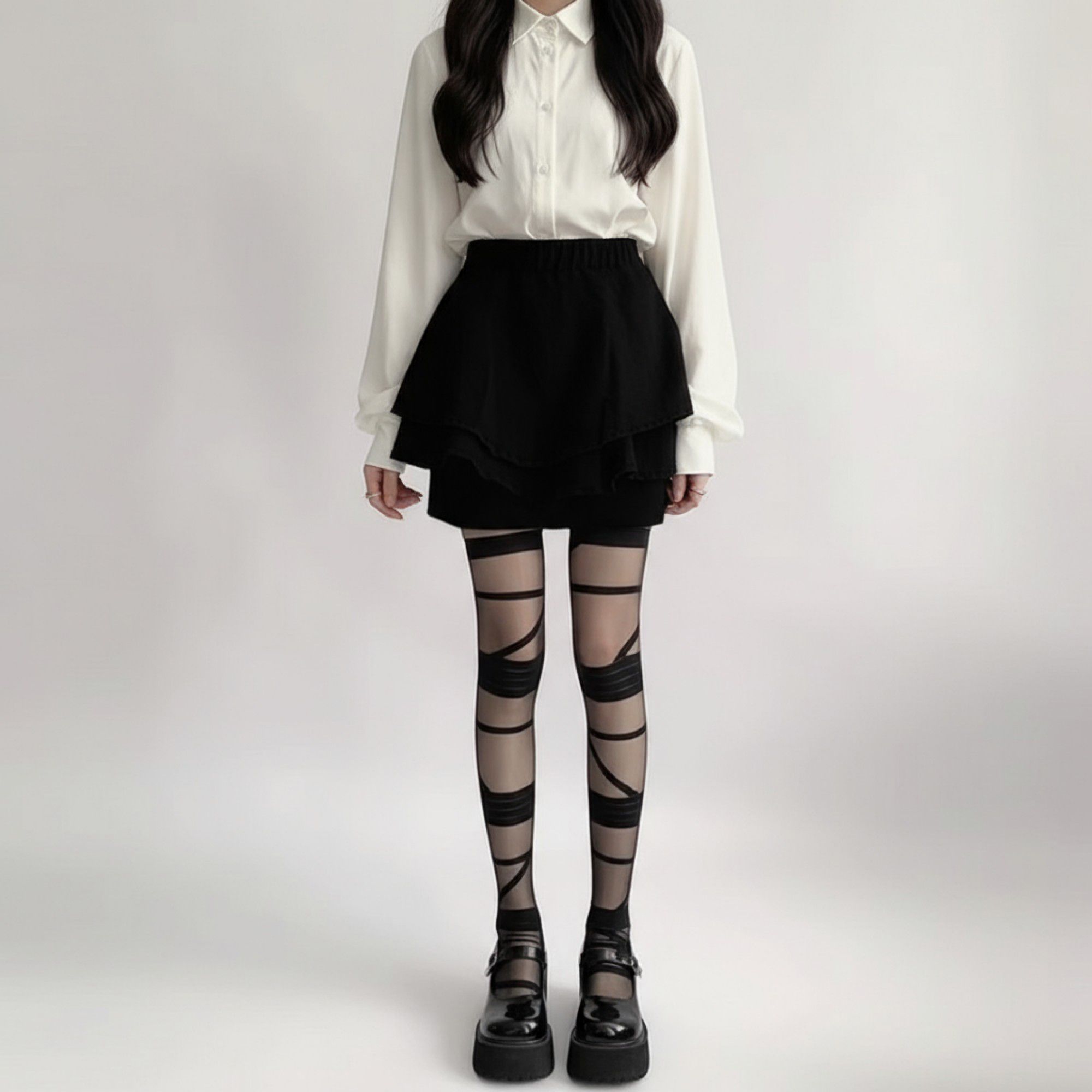 Anna-Kaci 2pcs Women's Sheer Tights with Wrapped Ribbon Illusion and Gothic Layered Design