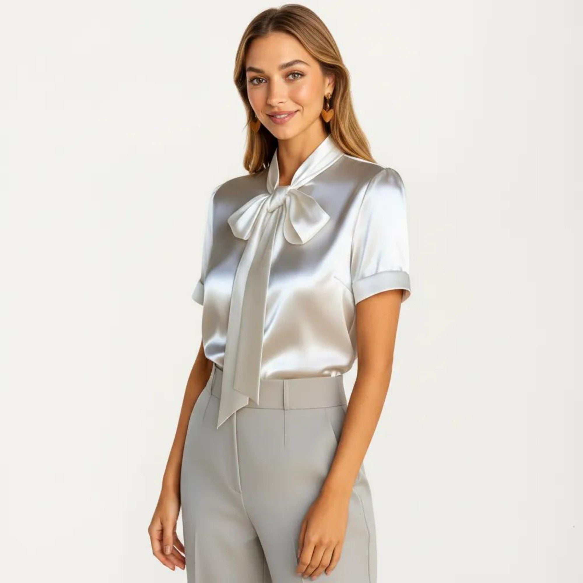 Anna-Kaci Women's Satin Bow Neck Blouse with Short Sleeves and Smooth Draped Finish