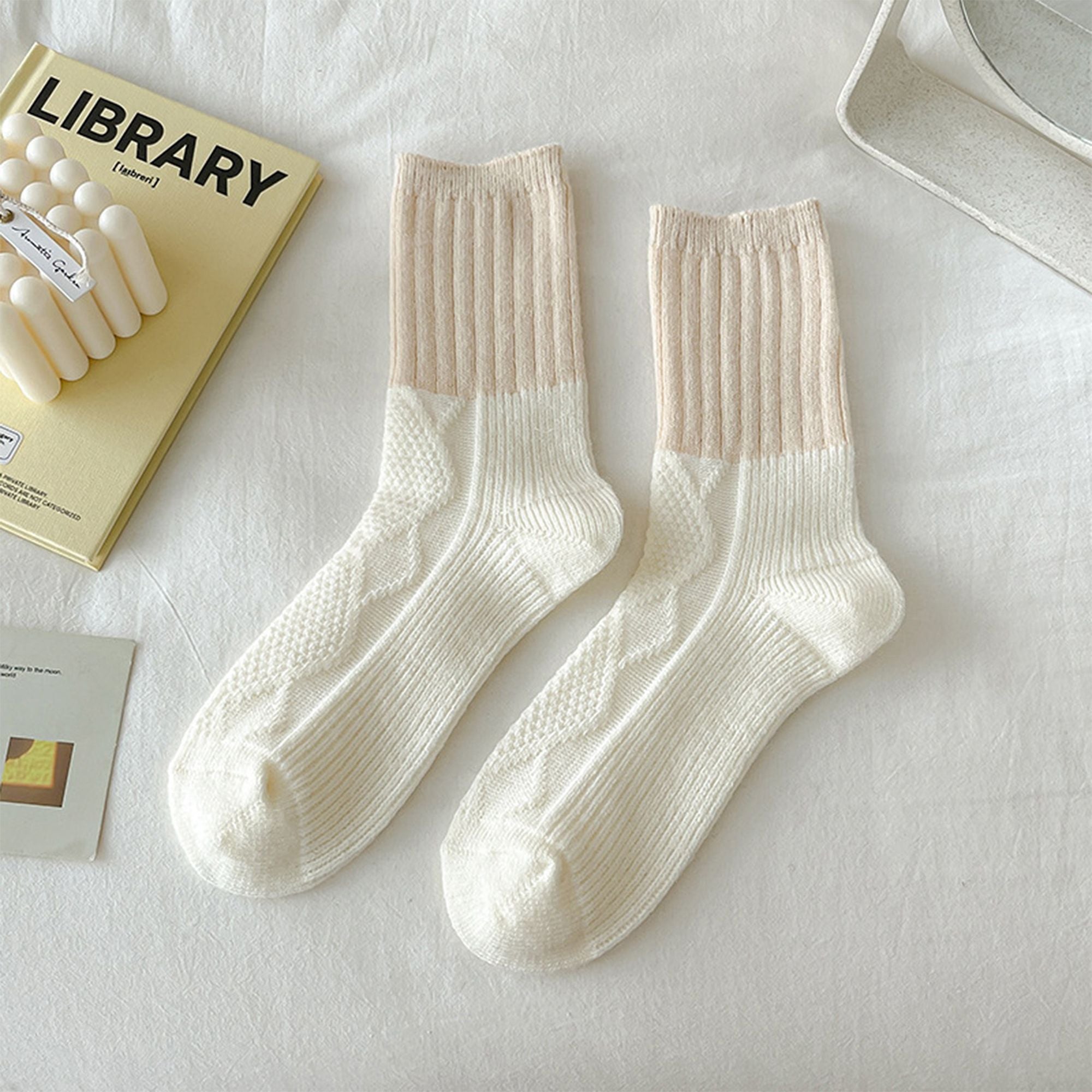 Anna-Kaci 3-PC Ribbed Crew Socks with Color Block Design Soft Knit Texture Comfortable Everyday Fit Single Pair