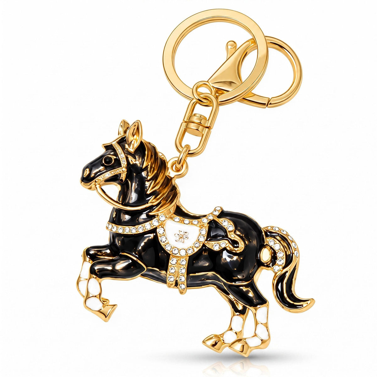 Horse Rhinestone Keychain Bag Charm with Gold Tone Clasp and Key Ring