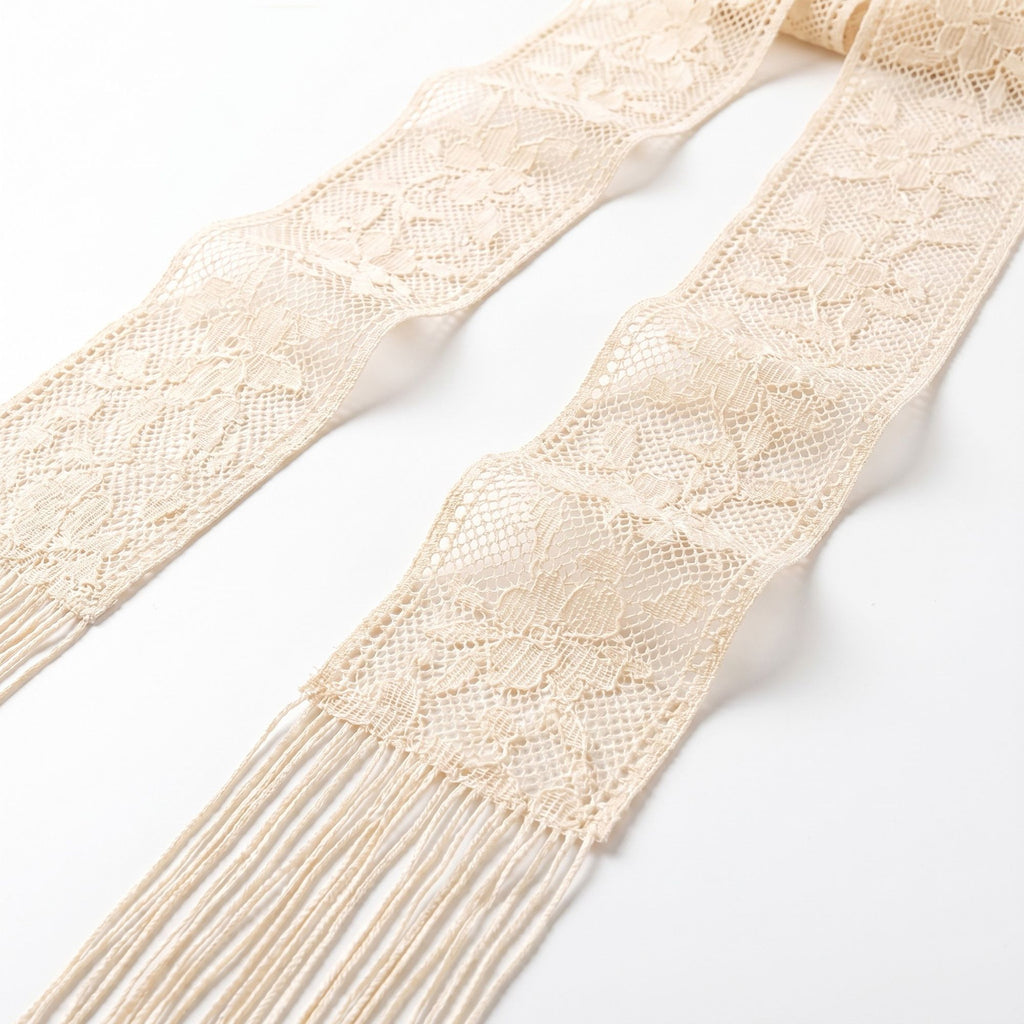 Lace Skinny Scarf with Floral Pattern Fringe Trim and Long Neck Tie Design