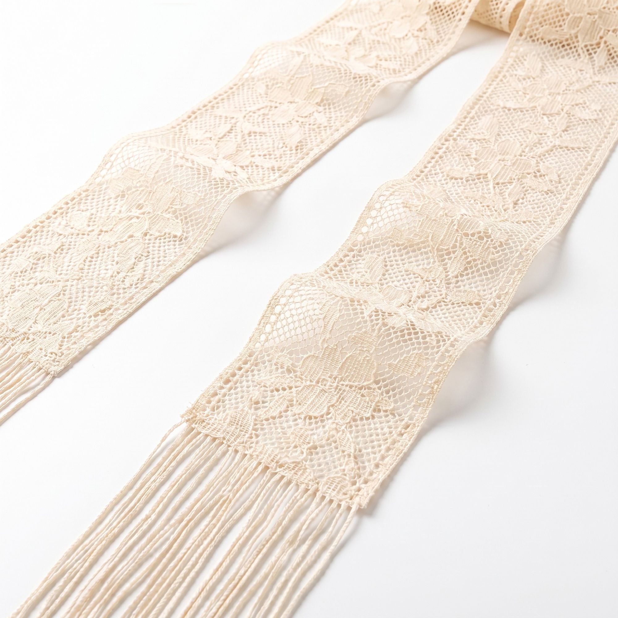 Lace Skinny Scarf with Floral Pattern Fringe Trim and Long Neck Tie Design