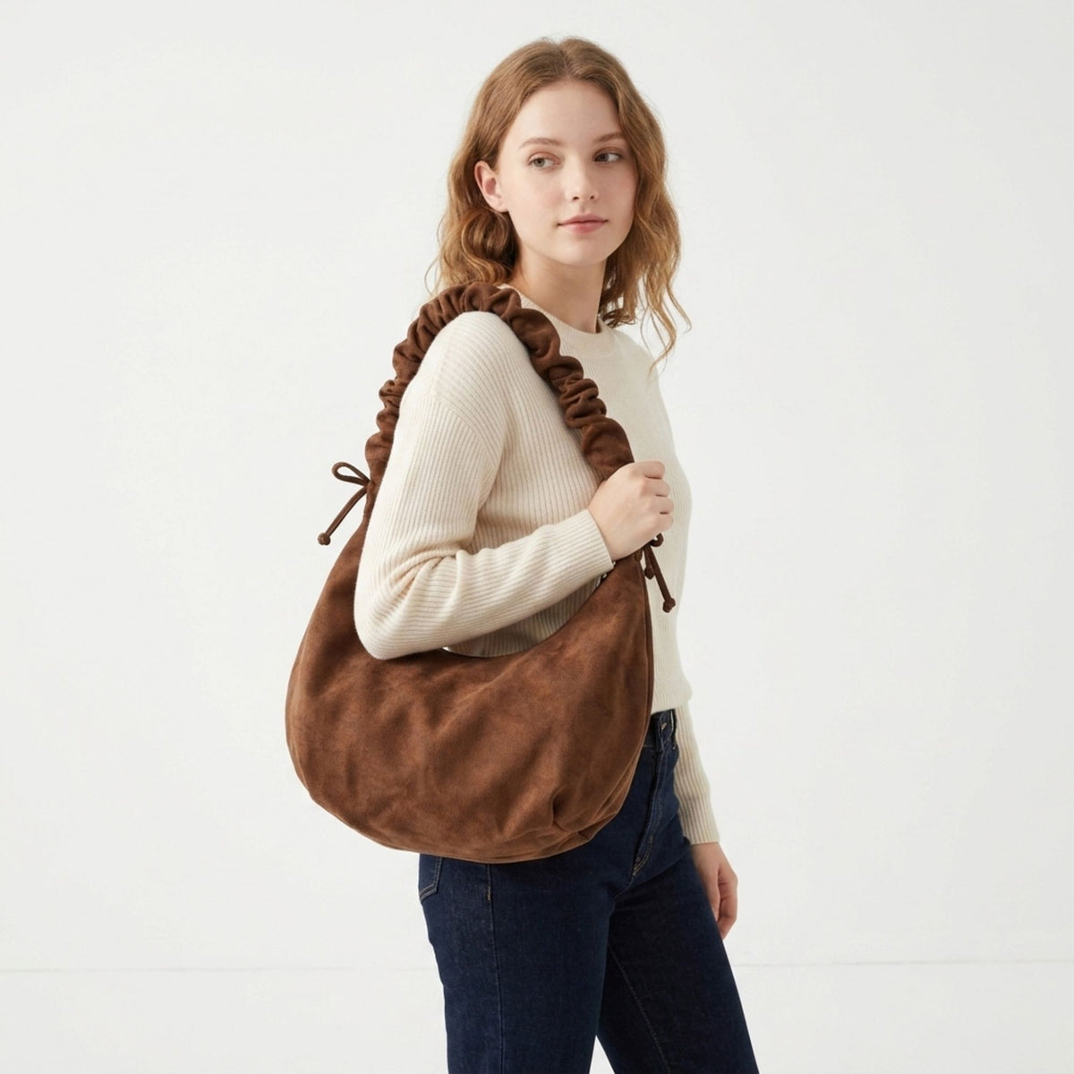 Faux Suede Hobo Shoulder Bag Ruched Strap Zipper Closure Everyday Purse