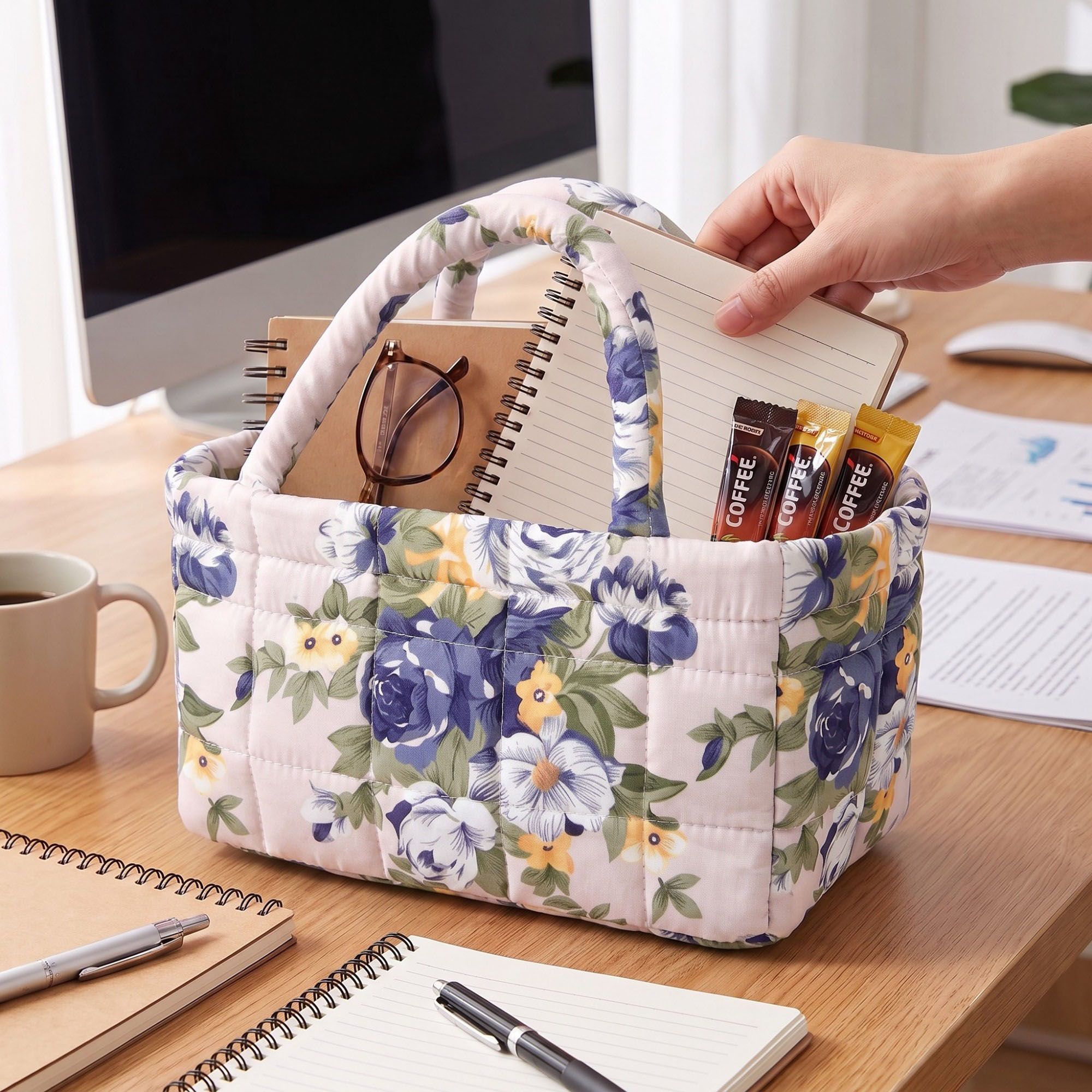 Quilted Floral Storage Basket with Handles
