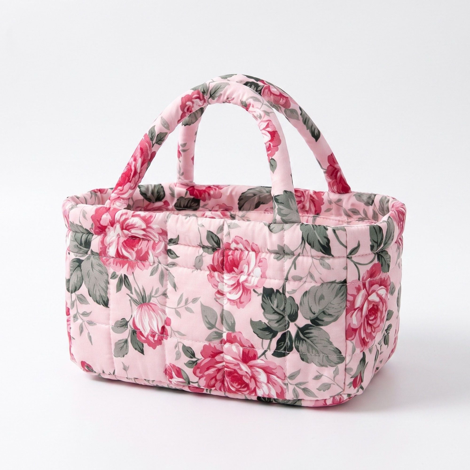 Quilted Floral Storage Basket with Handles