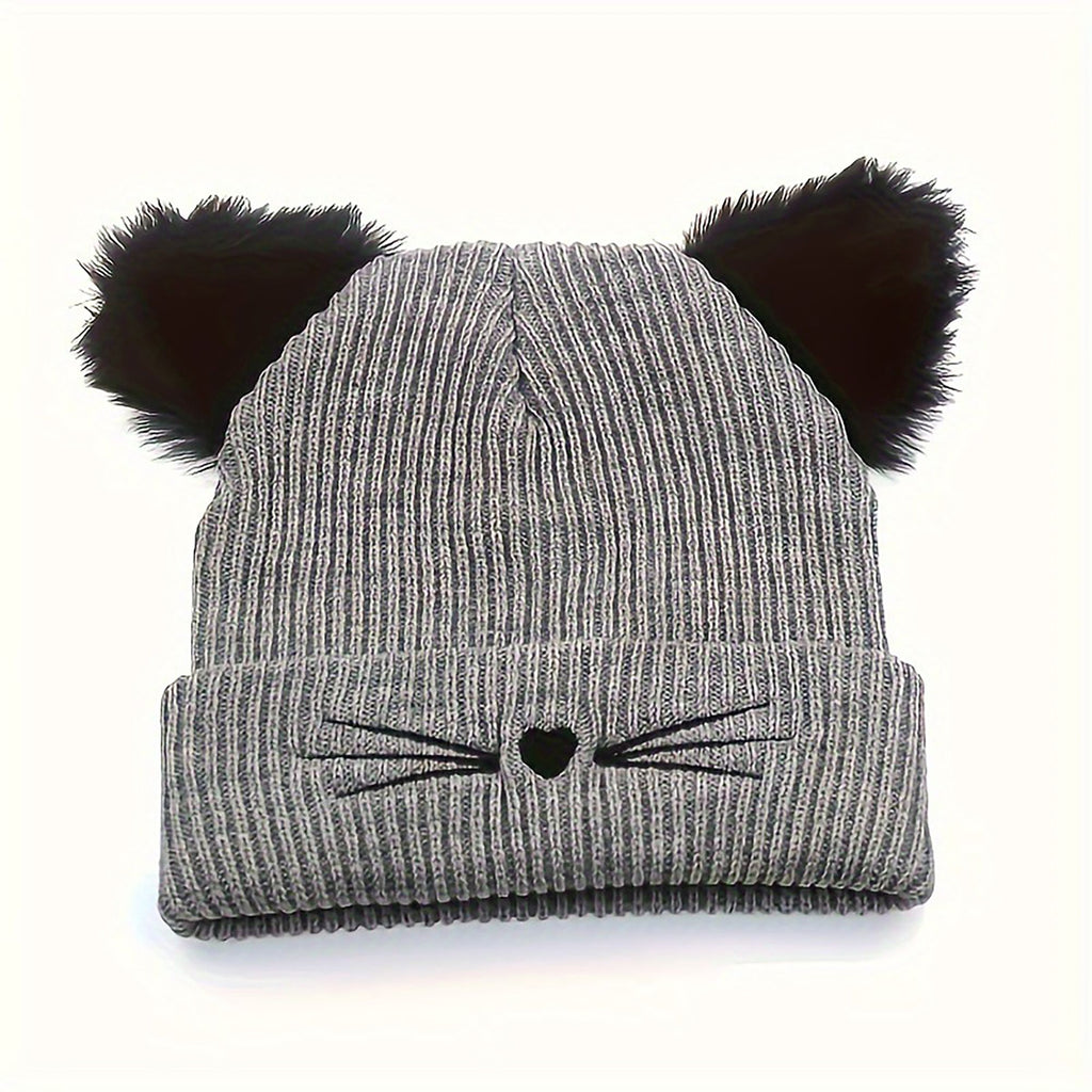 Anna-Kaci Women's Cat Ear Knit Beanie - Faux Fur Ears with Valentine Heart Whisker Embroidery for Cute Casual Winter Wear