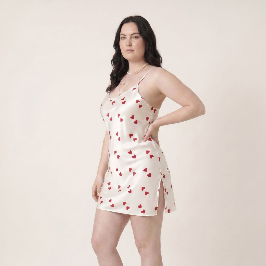 Plus Size Heart Print Satin-Like Cami Nightgown with Slim Straps V-Neckline and Relaxed Mini Fit
