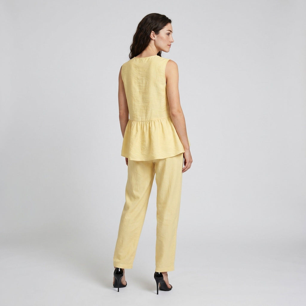 Anna-Kaci Womens 2-Piece Set Sleeveless V Neck Peplum Top and Matching Wide Leg Pants with Textured Woven Look