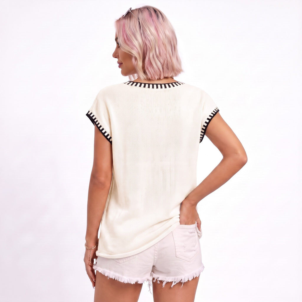 Anna-Kaci Women's V Neck Sweater Top Contrast Trim Dolman Short Sleeve Knit