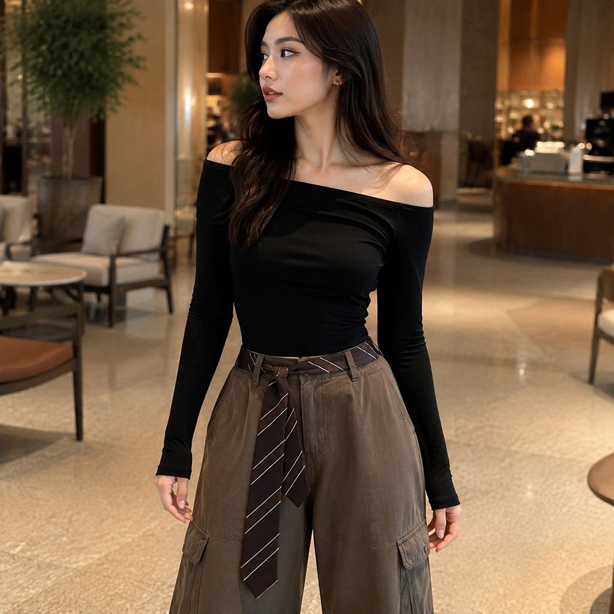 Striped Long Necktie for School Uniform and Waist Belt Styling