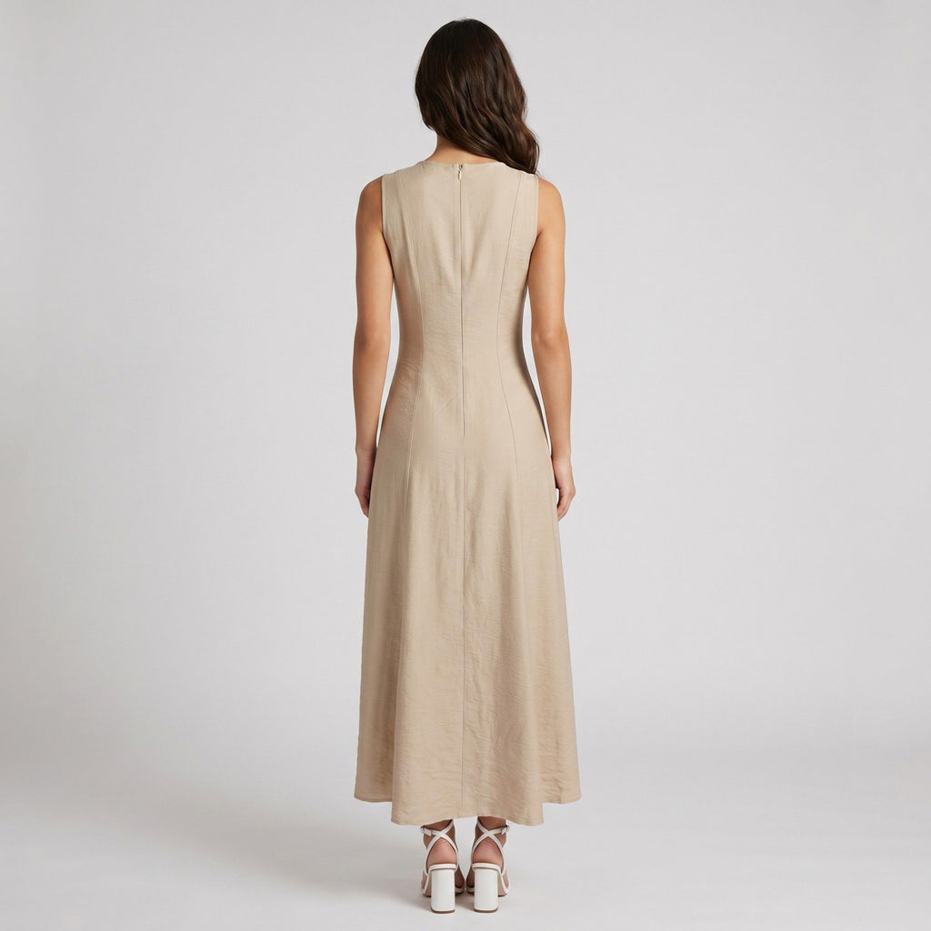 Sleeveless Round Neck Panel Seam Maxi Dress with Fitted Bodice Flowy A-Line Skirt and Soft Woven Drape