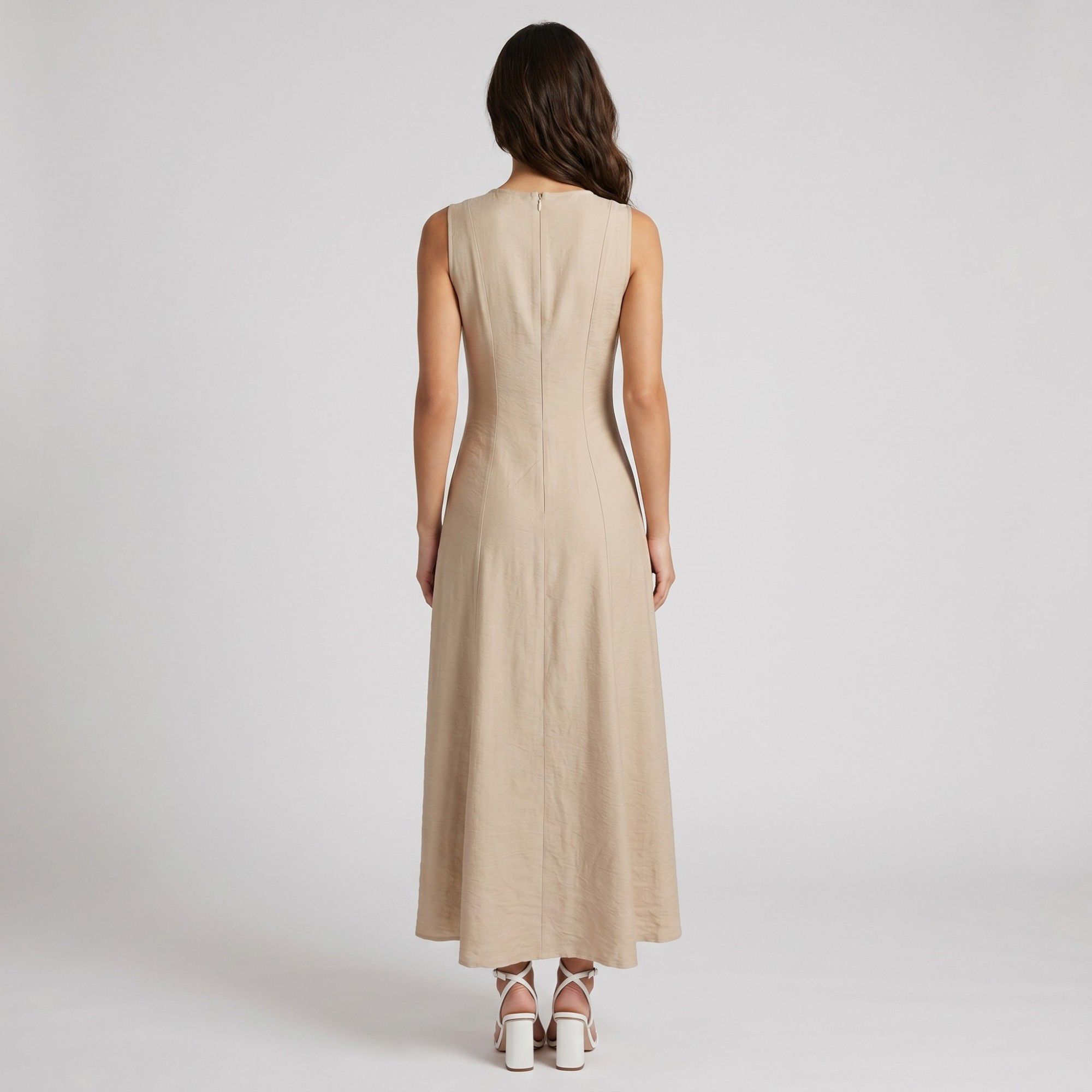 Sleeveless Round Neck Panel Seam Maxi Dress with Fitted Bodice Flowy A-Line Skirt and Soft Woven Drape