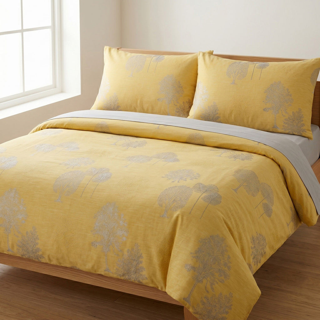 4-Piece Cotton Bedding Set with Elegant Tree Print Duvet Cover, Pillowcases, and Flat Sheet