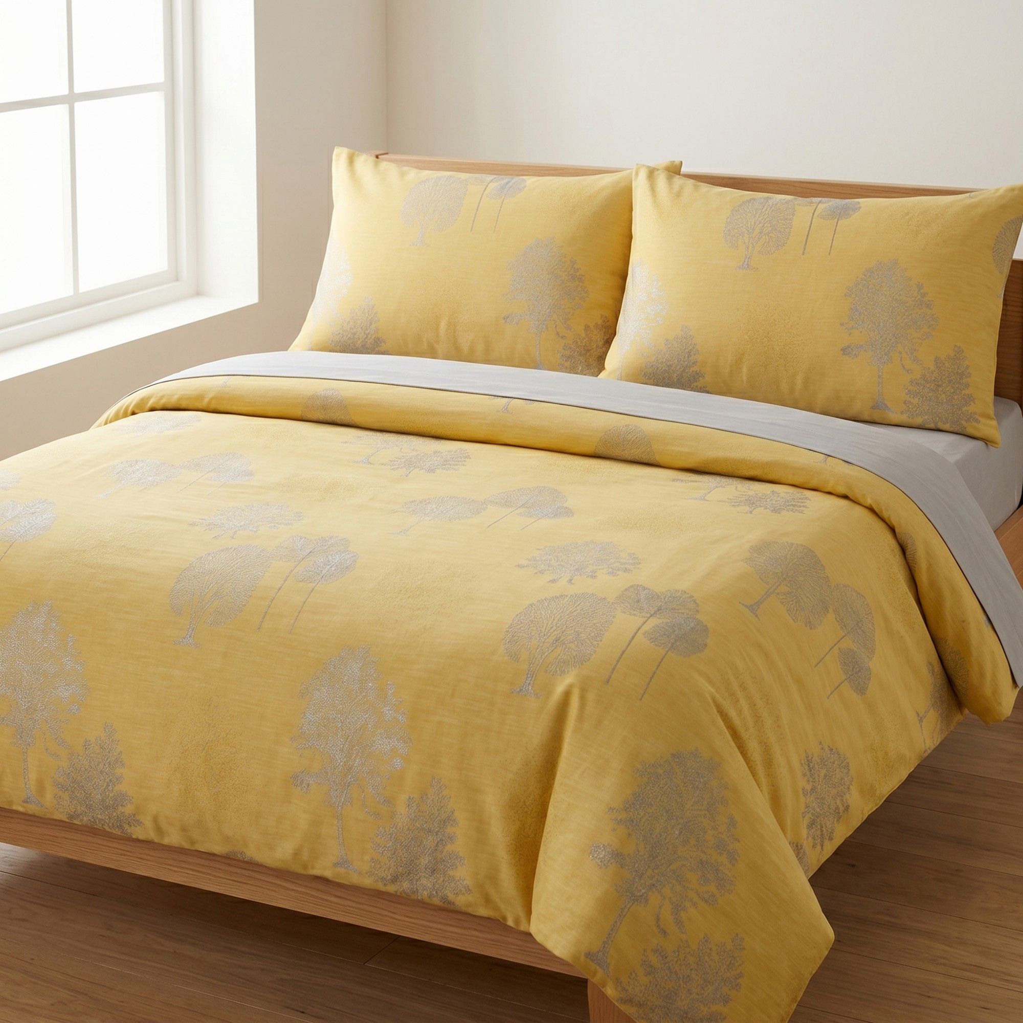 4-Piece Cotton Bedding Set with Elegant Tree Print Duvet Cover, Pillowcases, and Flat Sheet
