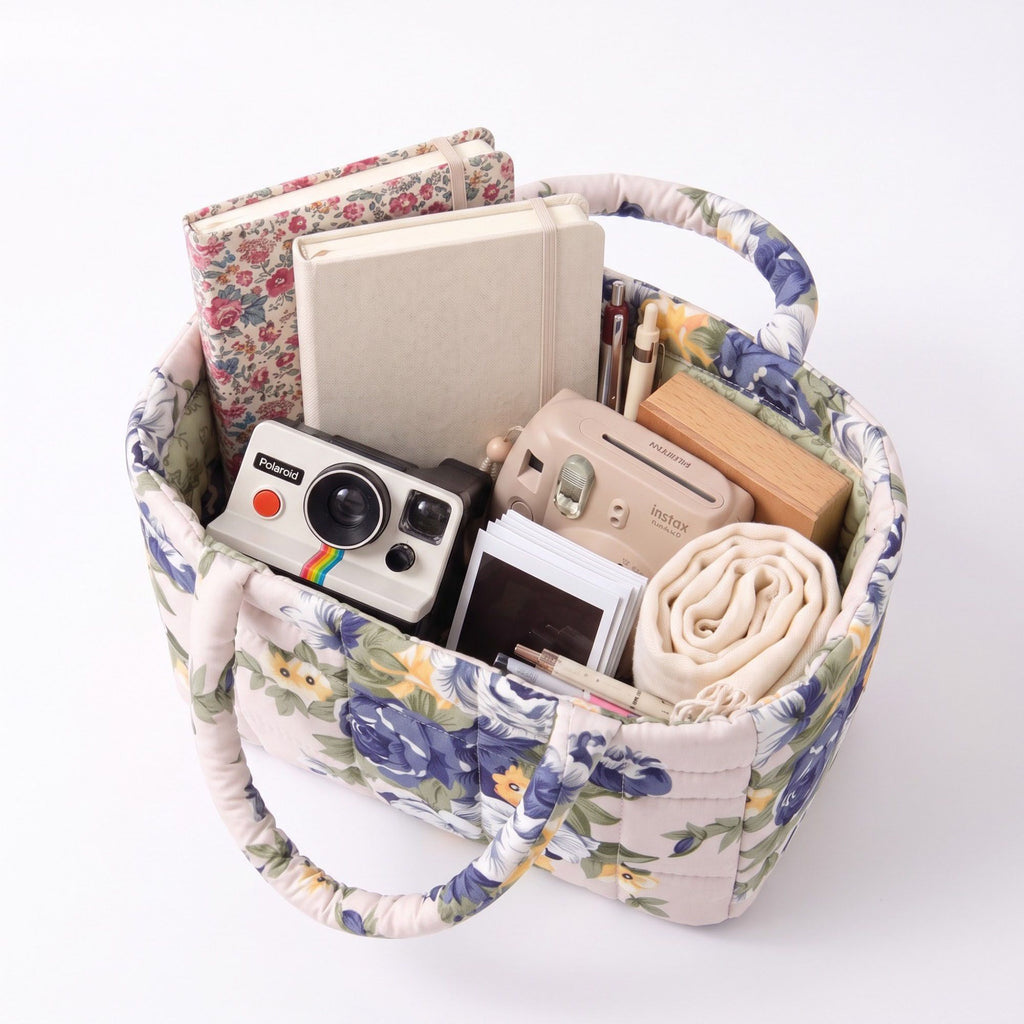 Quilted Floral Storage Basket with Handles