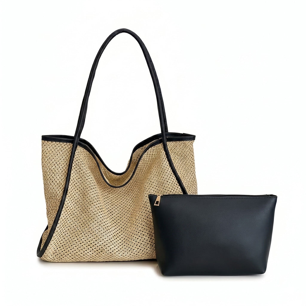Woven Straw Tote Bag with Shoulder Straps Lightweight Crochet Knit Tote with Pouch