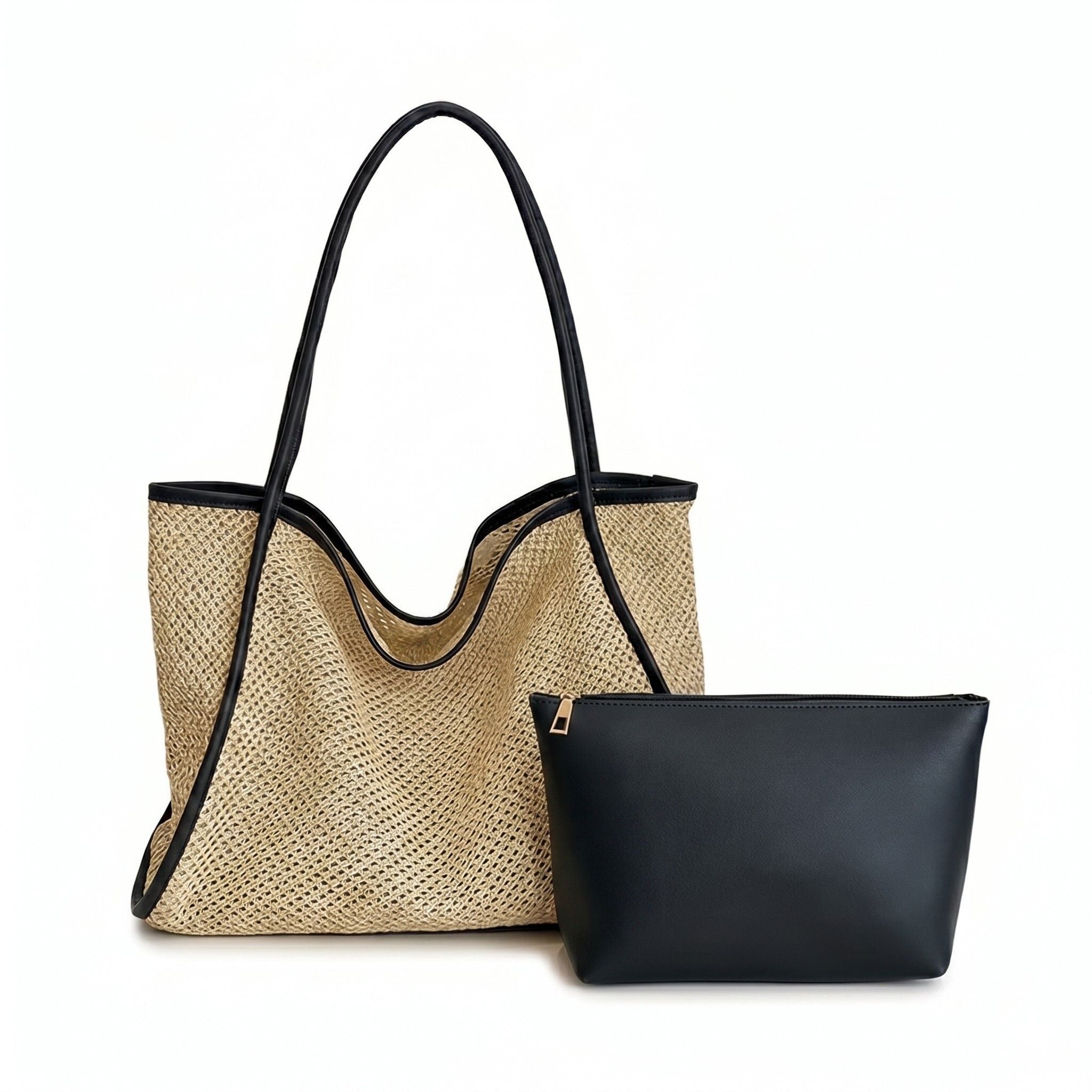 Woven Straw Tote Bag with Shoulder Straps Lightweight Crochet Knit Tote with Pouch