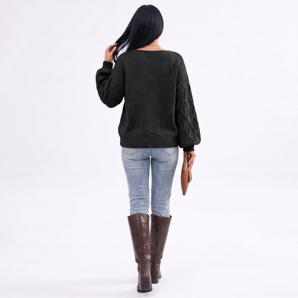 Cable Knit V-Neck Balloon Sleeve Sweater