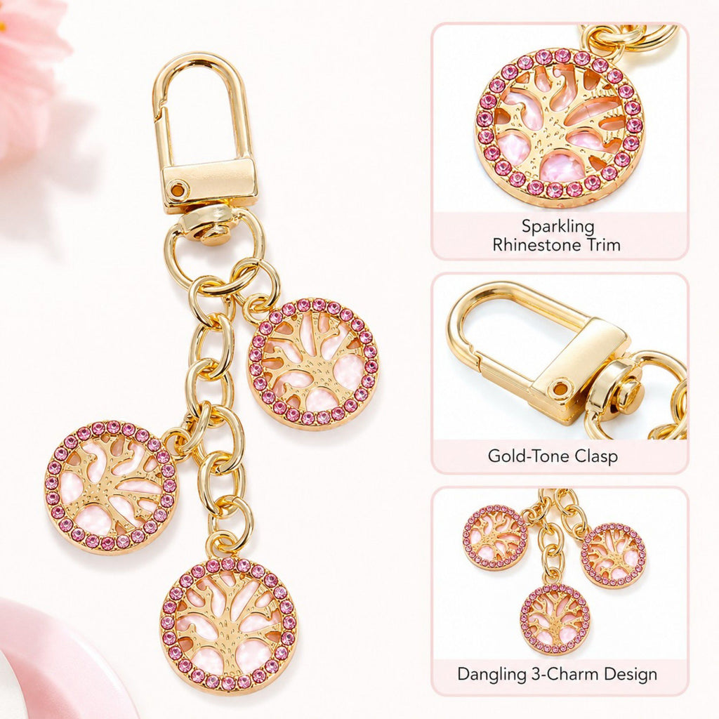 3pc Tree Medallion Keychain Bag Charm with Rhinestone Trim Gold Tone Chain and Clip
