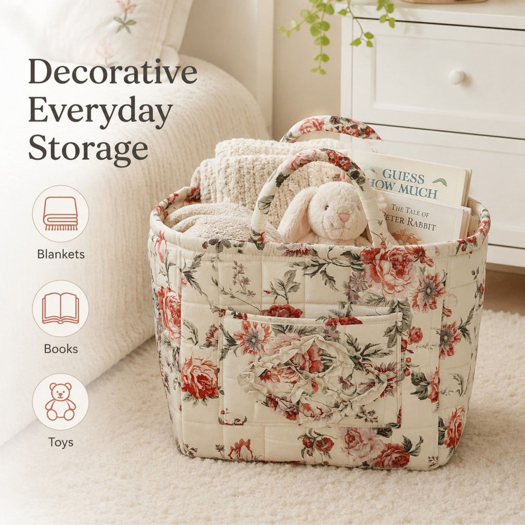 Quilted Floral Storage Caddy with Handles for Vanity Dorm Bathroom and Laundry Room