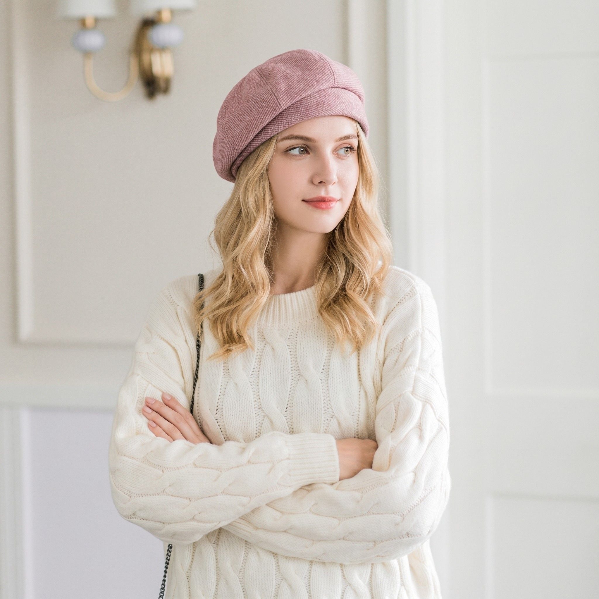 Wool Blend Houndstooth Beret Hat Vintage Painter Cap for Fall Winter