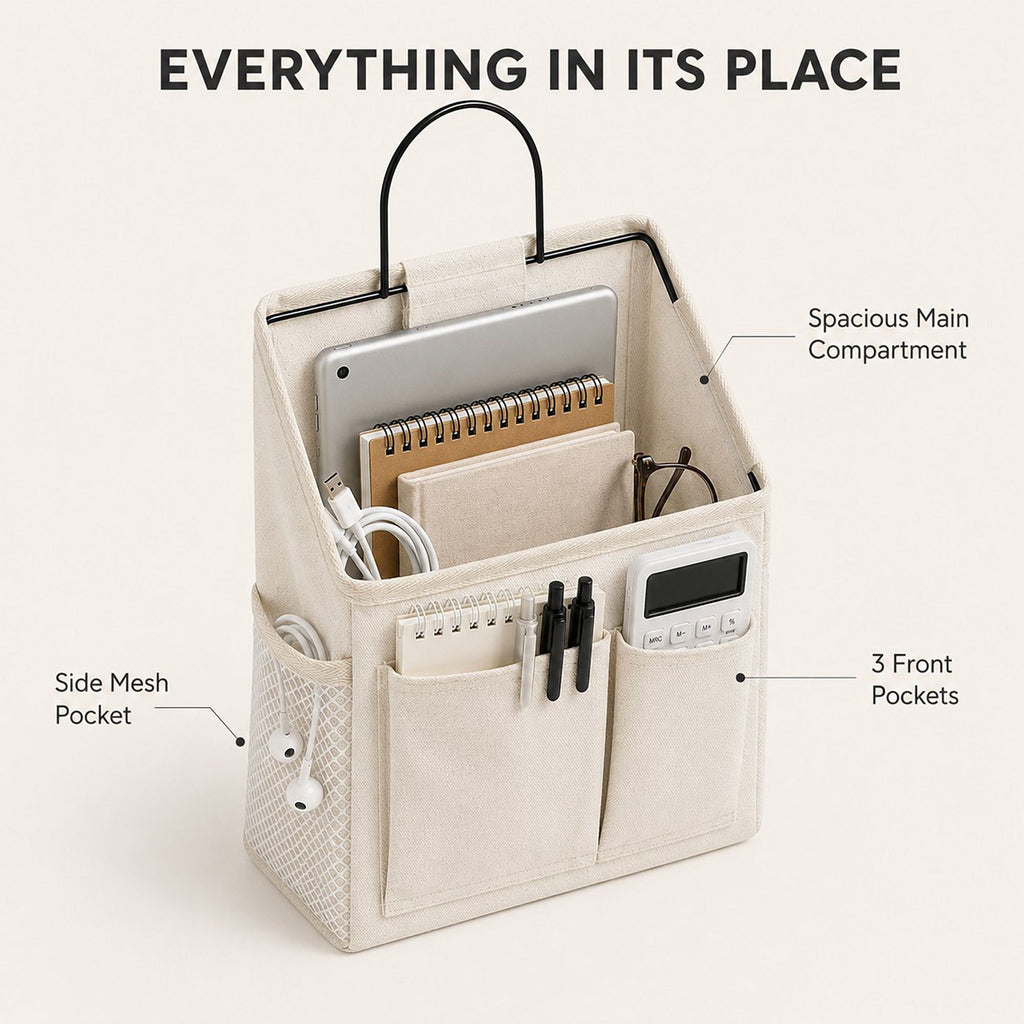 Hanging Bedside Storage Caddy with Metal Frame and Multiple Pockets Bed Rail Organizer