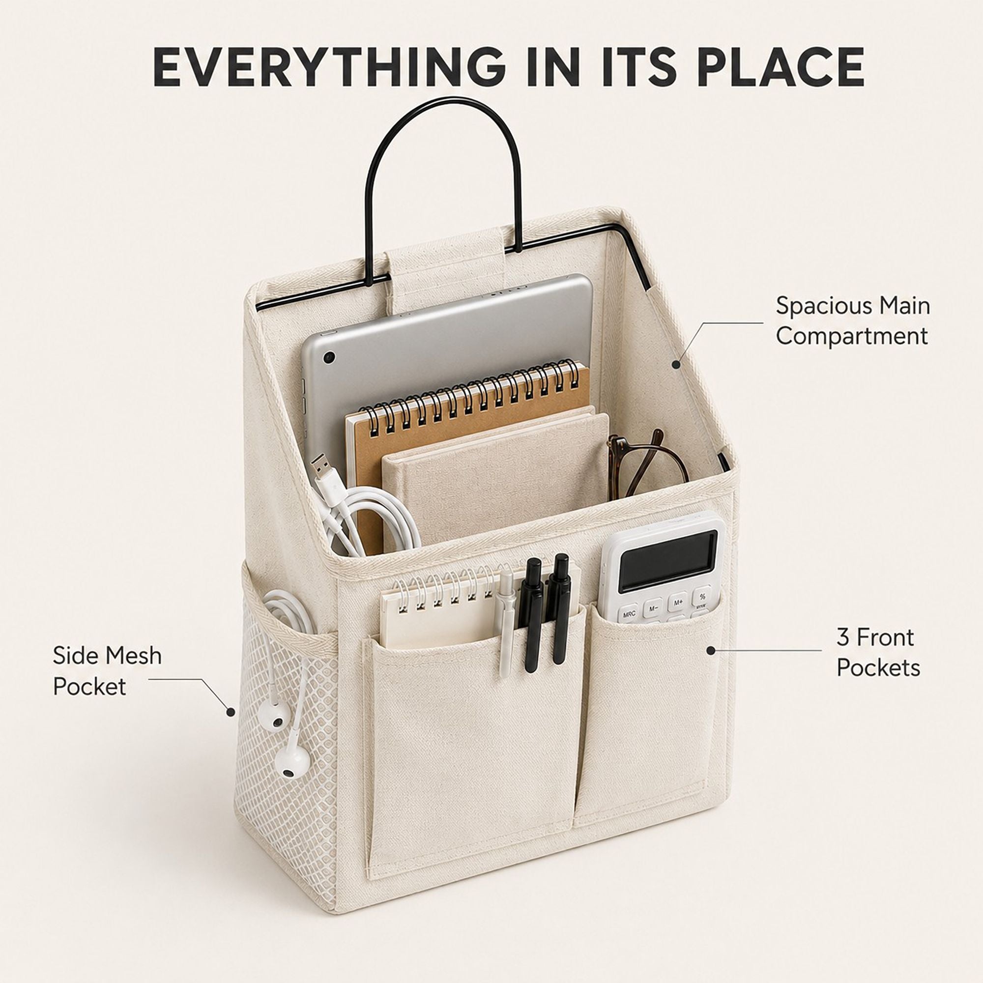Hanging Bedside Storage Caddy with Metal Frame and Multiple Pockets Bed Rail Organizer