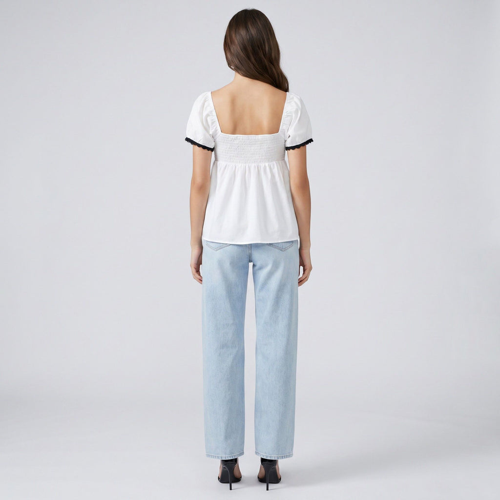 Square Neck Puff Sleeve Blouse Bow Tie Lace Trim Smocked Peplum Top