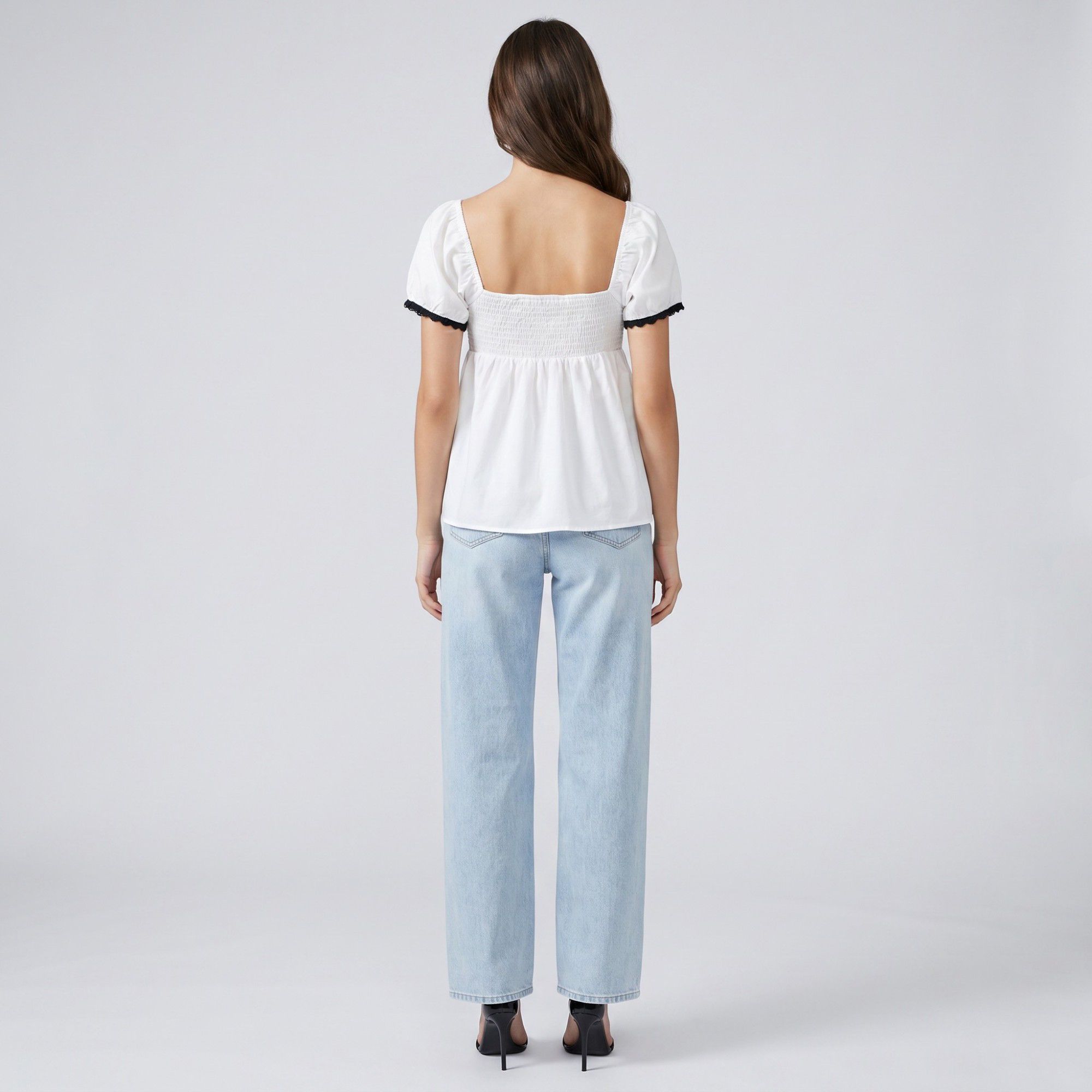 Square Neck Puff Sleeve Blouse Bow Tie Lace Trim Smocked Peplum Top