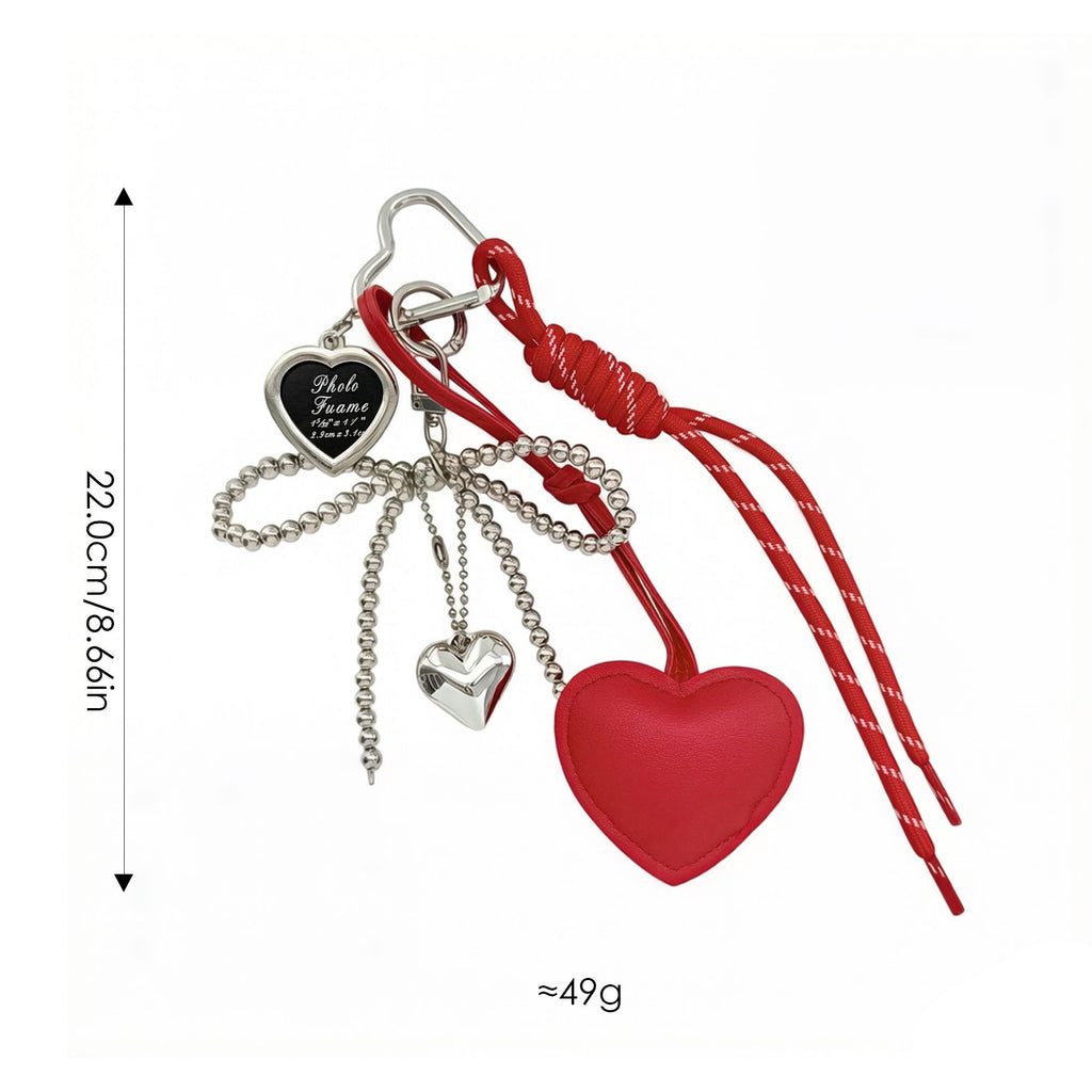 Heart Bag Charm Keychain with Beaded Bow Accent Clip and Faux Leather Heart Pendant