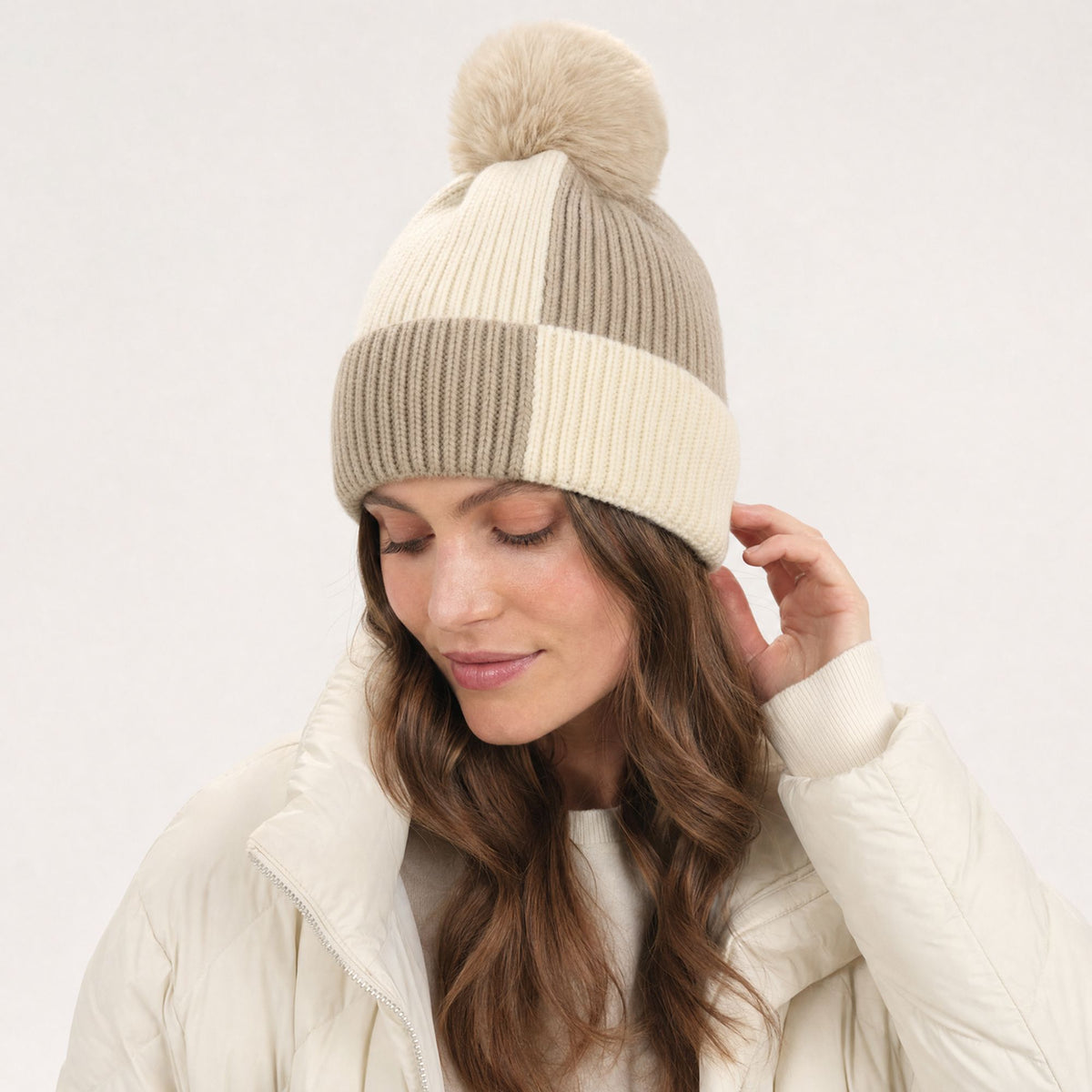 Color Block Knit Beanie Winter Hat with Pom and Plush Lining